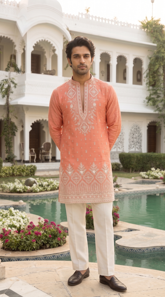 Blush Peach Regal Embroidered Kurta