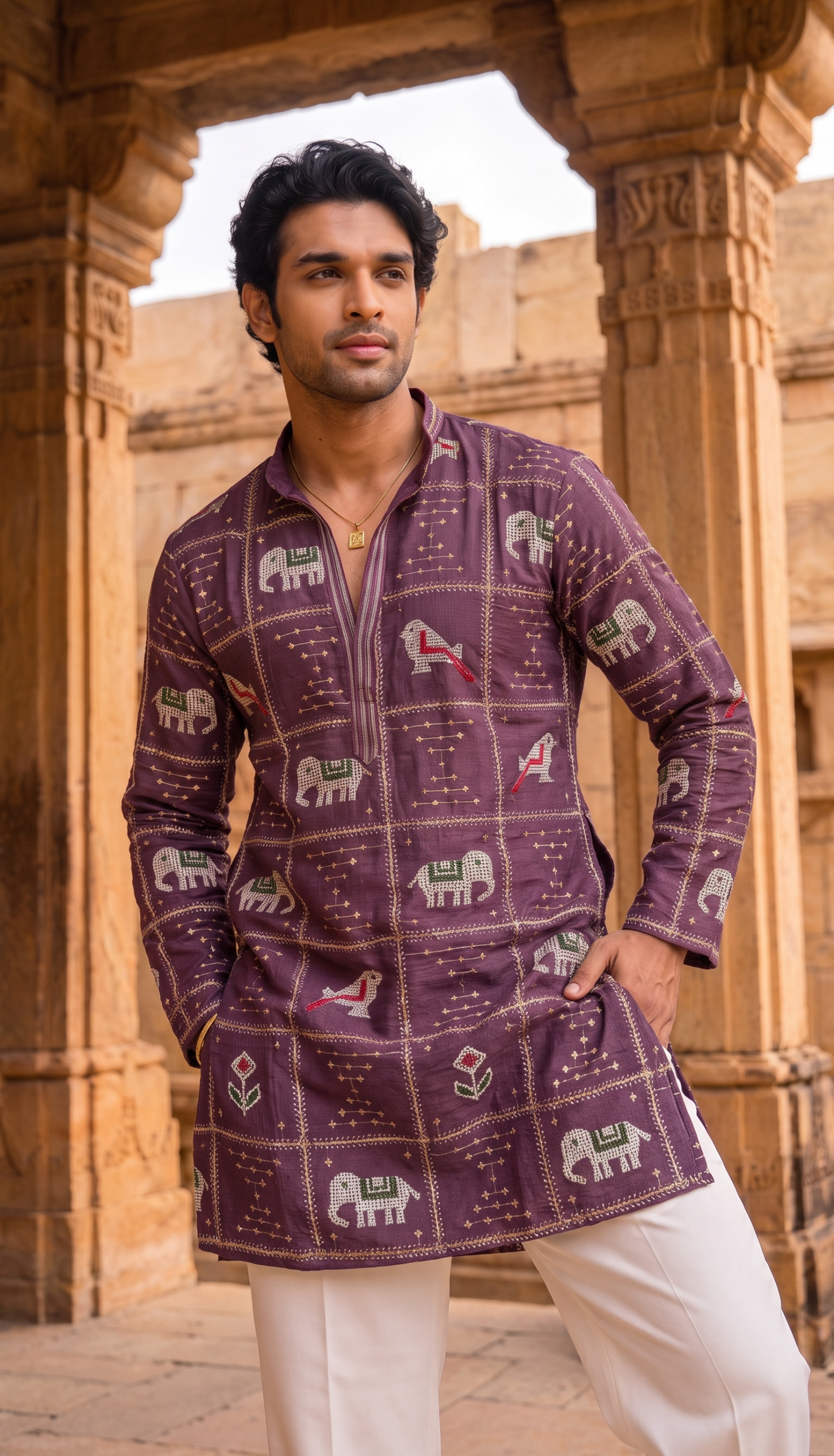 Purple Heritage Printed Kurta