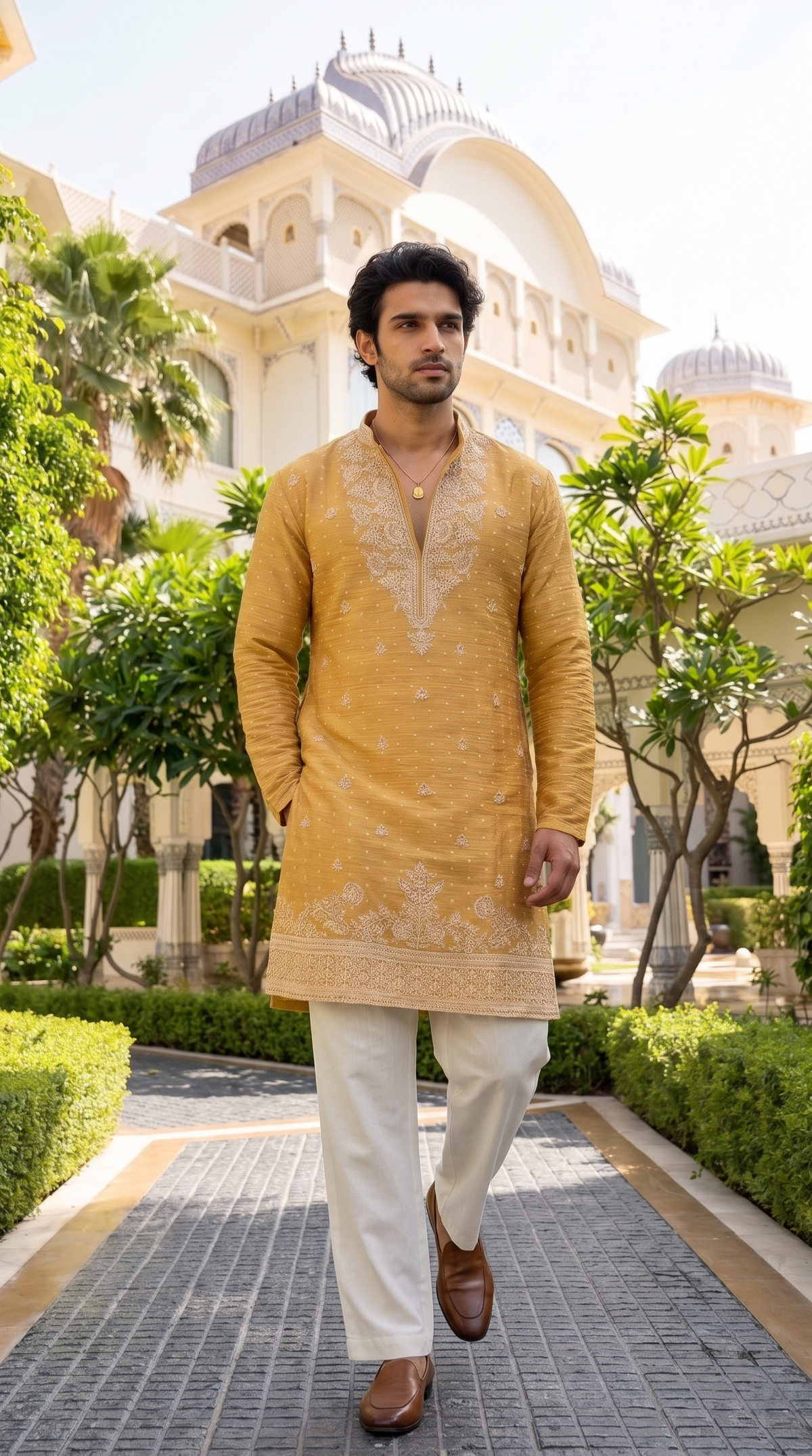 Golden Mustard Regal Embroidered Kurta