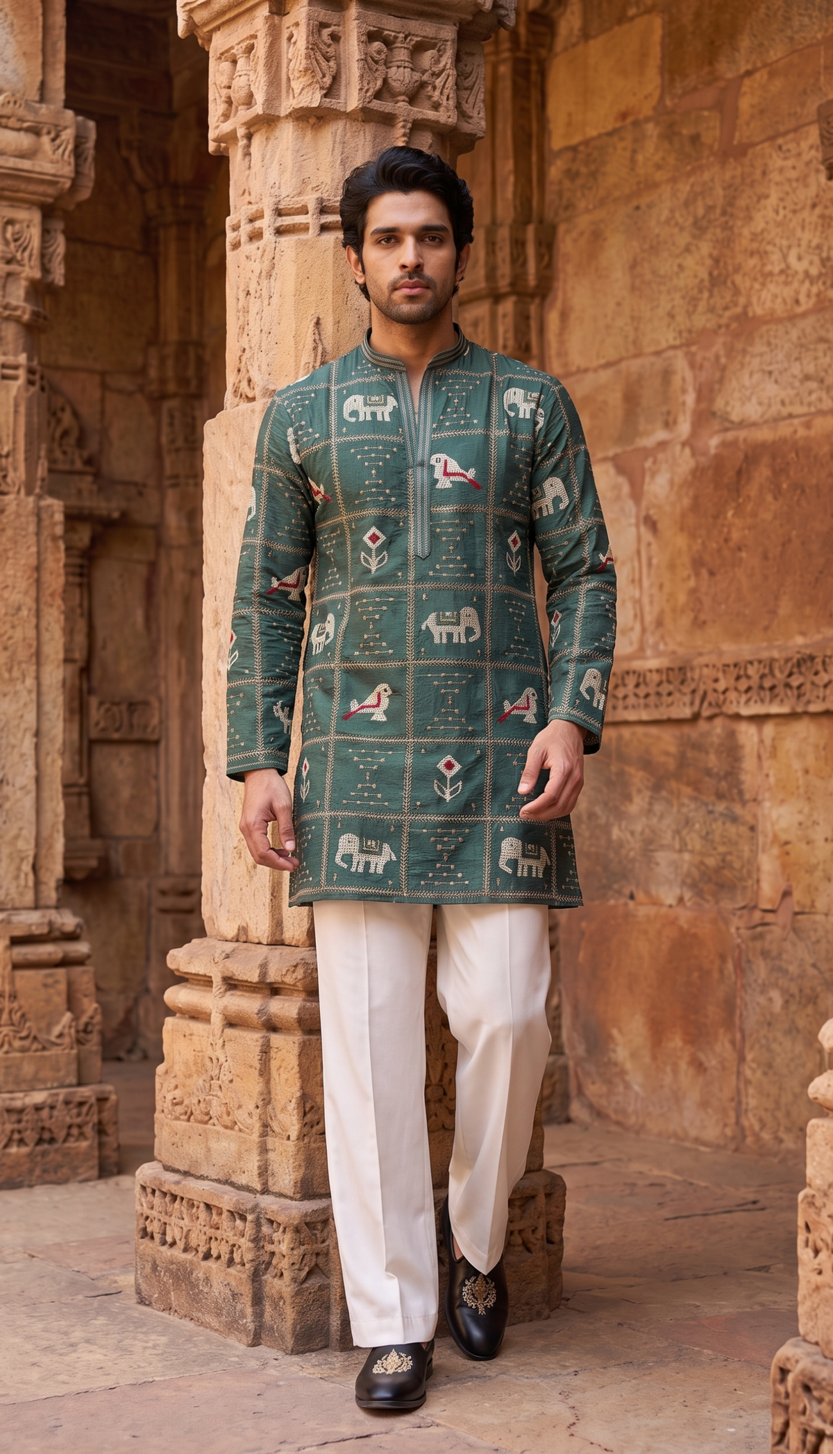 Teal Heritage Printed Kurta