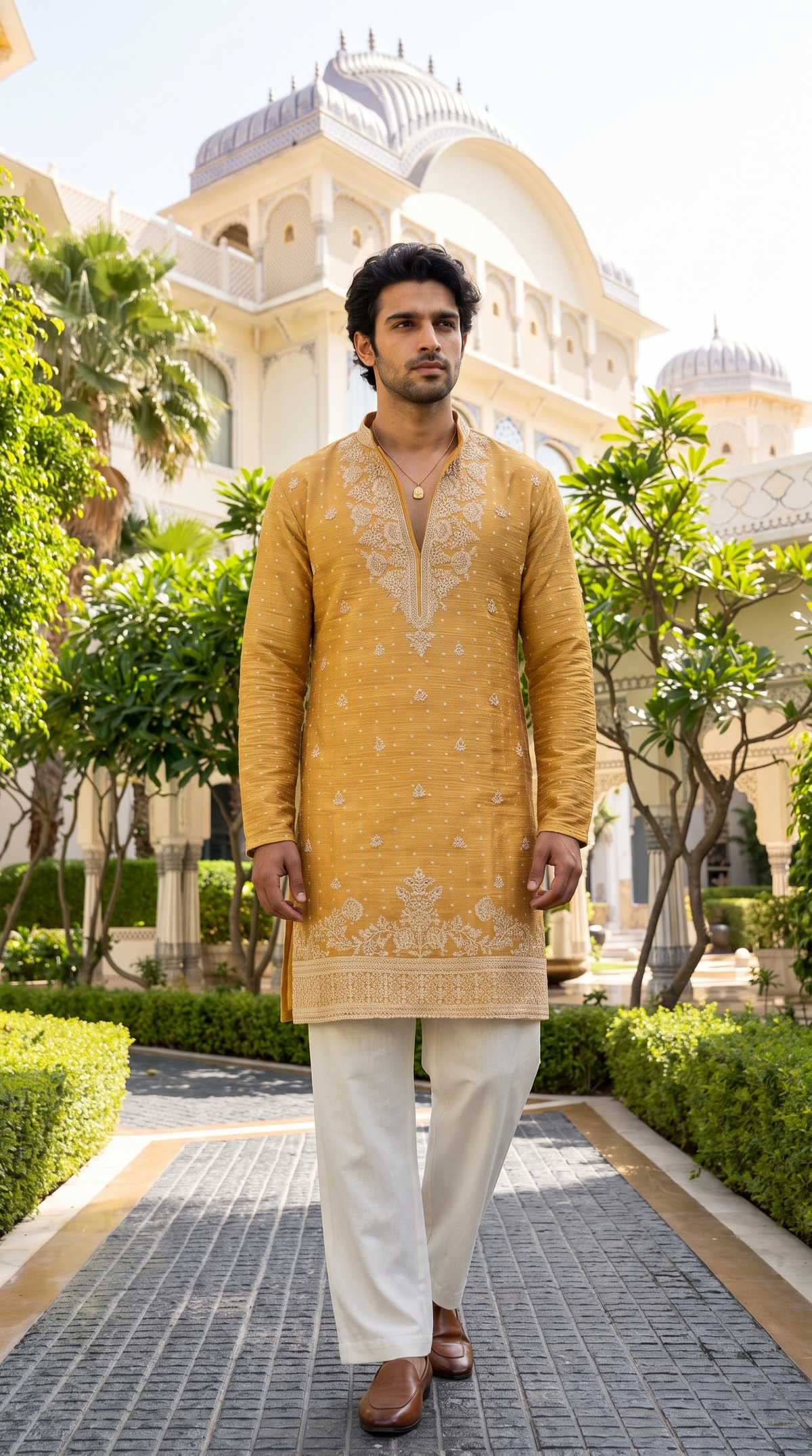 Golden Mustard Regal Embroidered Kurta