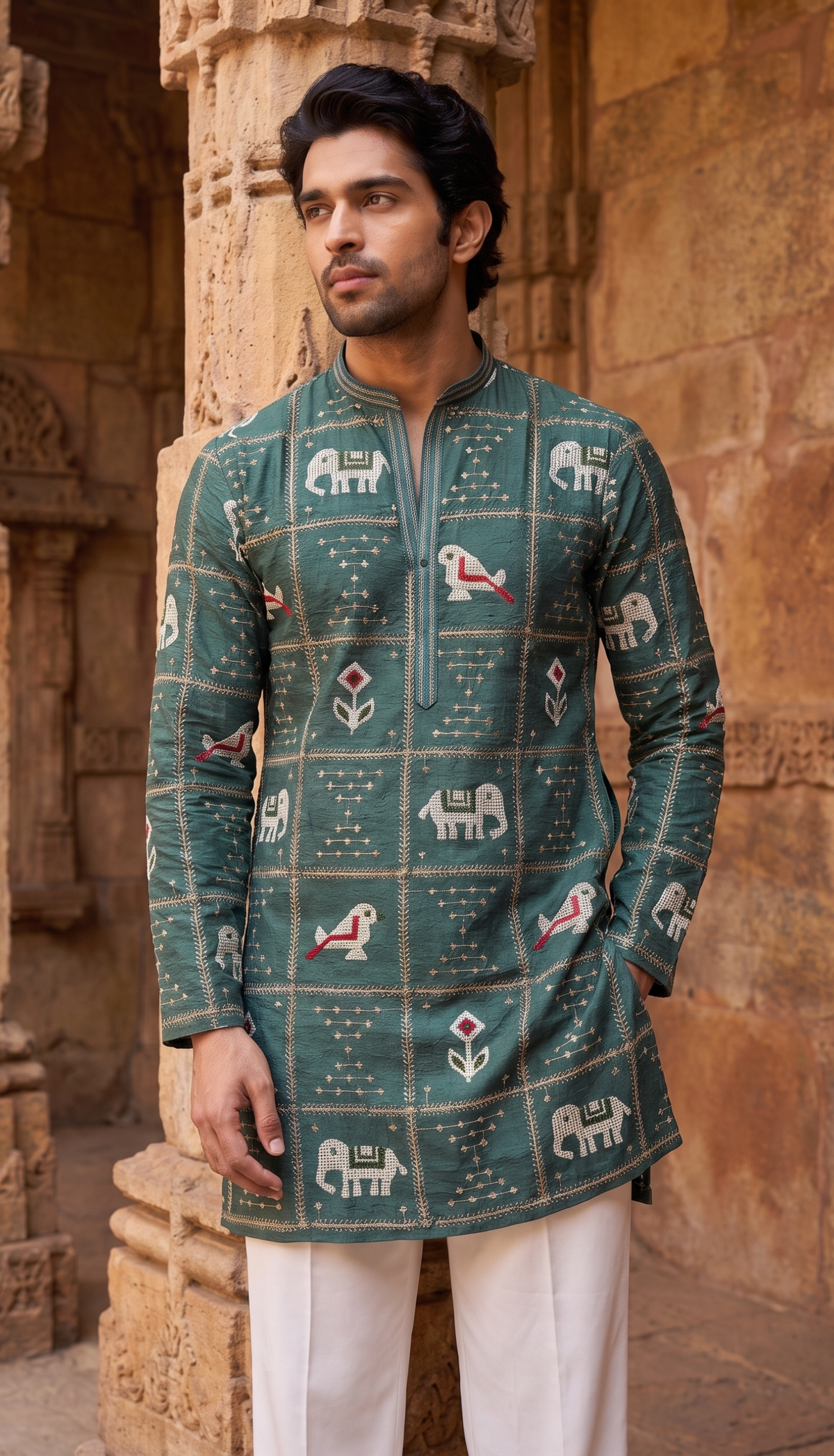 Teal Heritage Printed Kurta