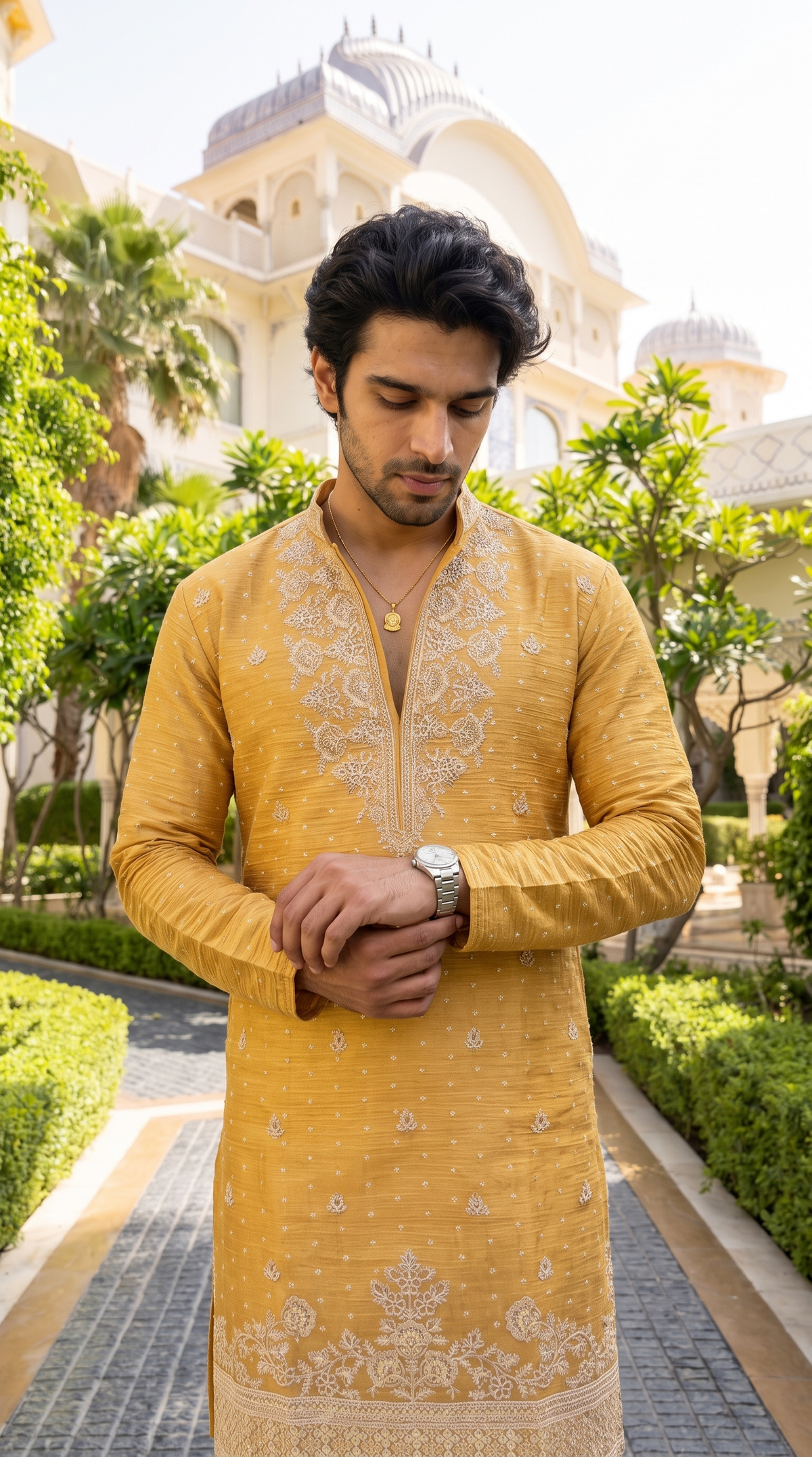 Golden Mustard Regal Embroidered Kurta