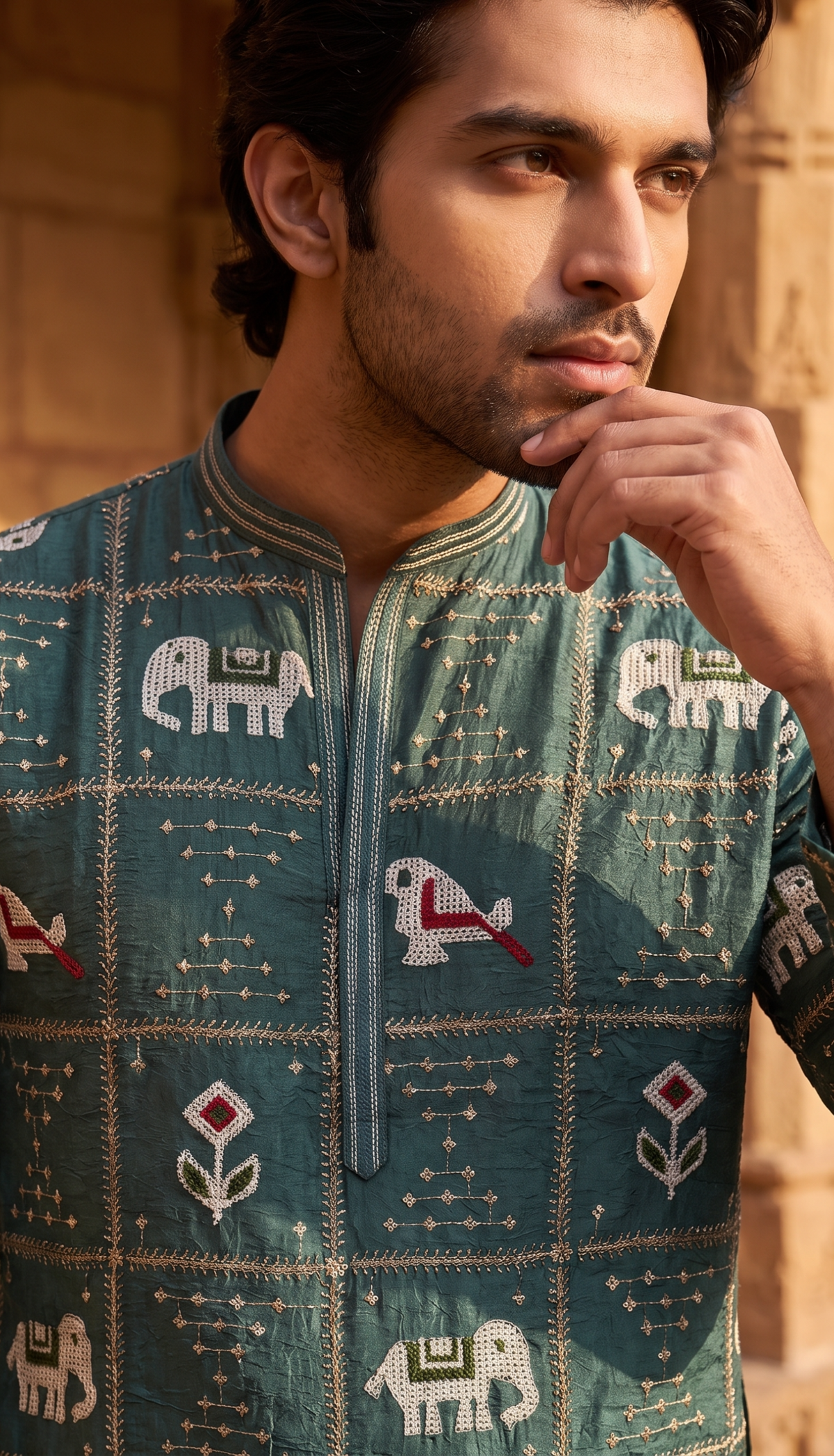Teal Heritage Printed Kurta
