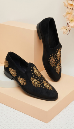 Black Velvet Leaf Motif Loafers