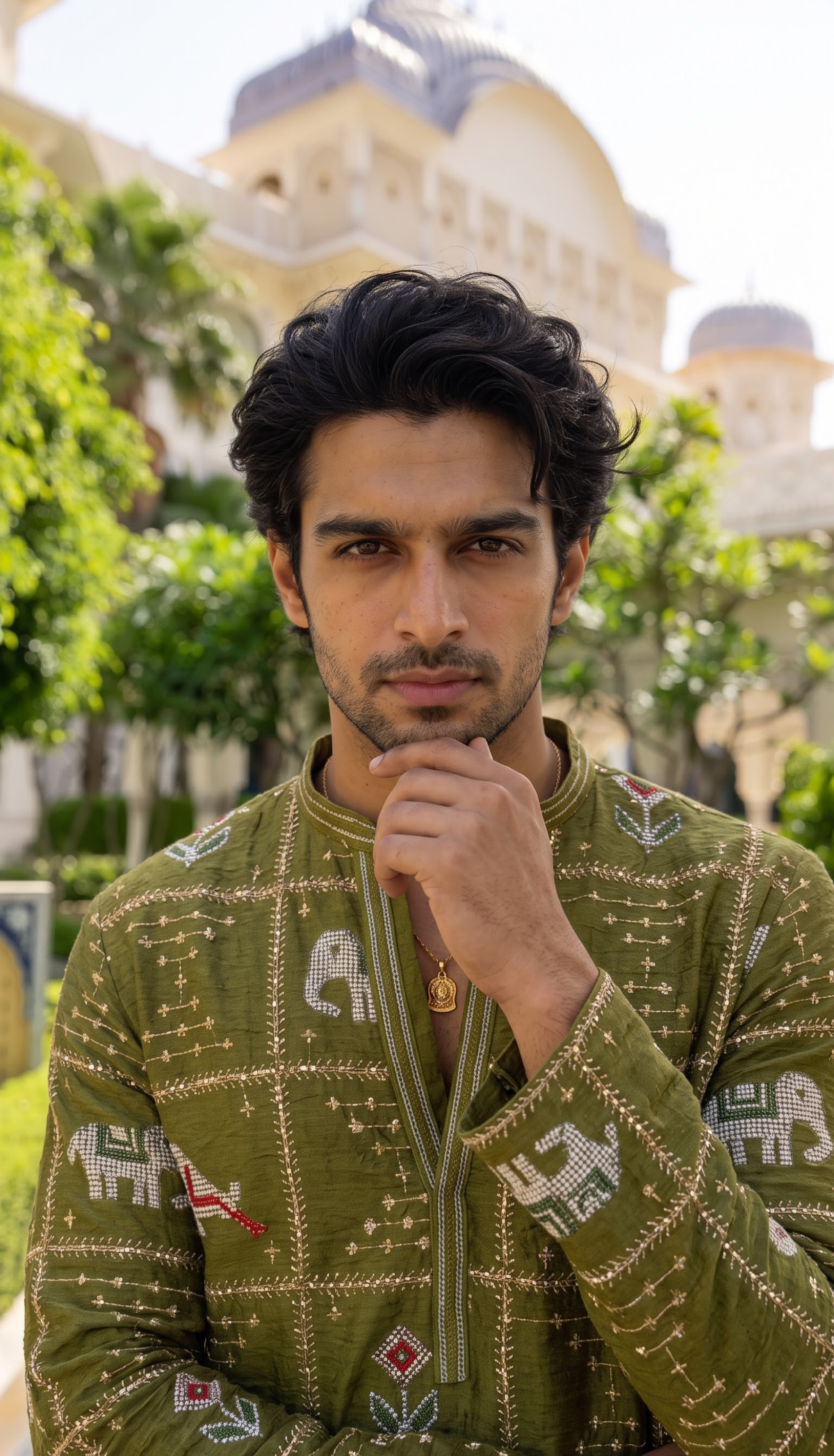Olive Green Heritage Printed Kurta