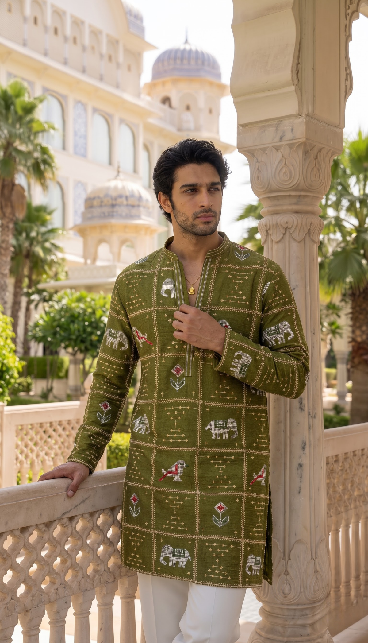 Olive Green Heritage Printed Kurta