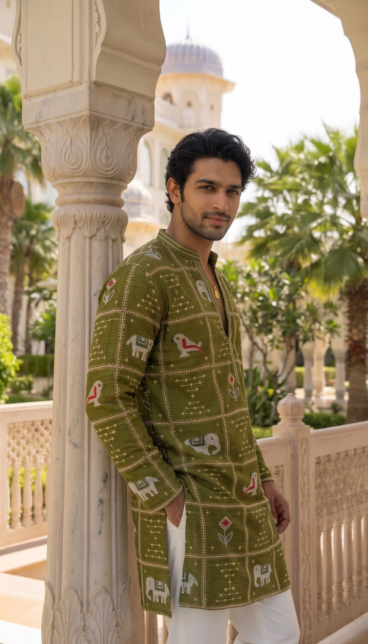 Olive Green Heritage Printed Kurta