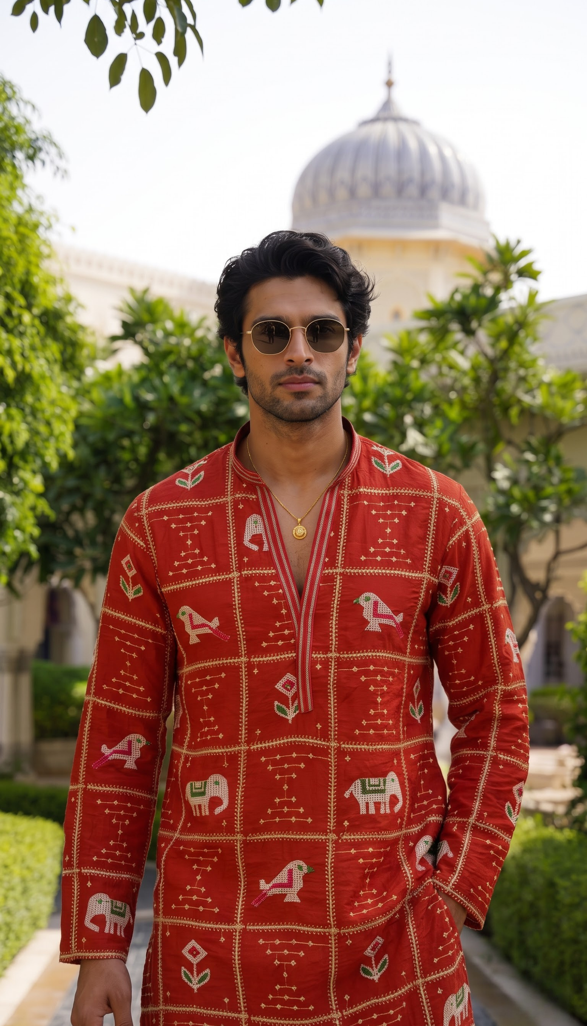Red Heritage Printed Kurta