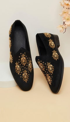 Black Velvet Leaf Motif Loafers
