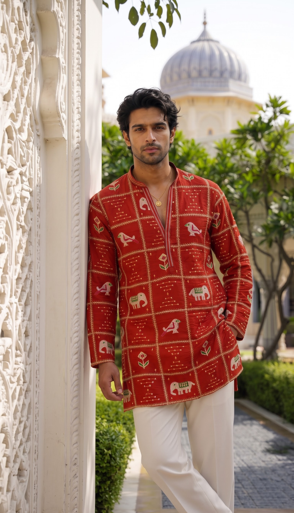 Red Heritage Printed Kurta