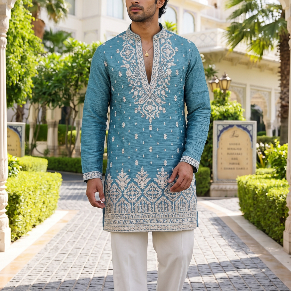 Azure Royale Embroidered Kurta - Hover Image