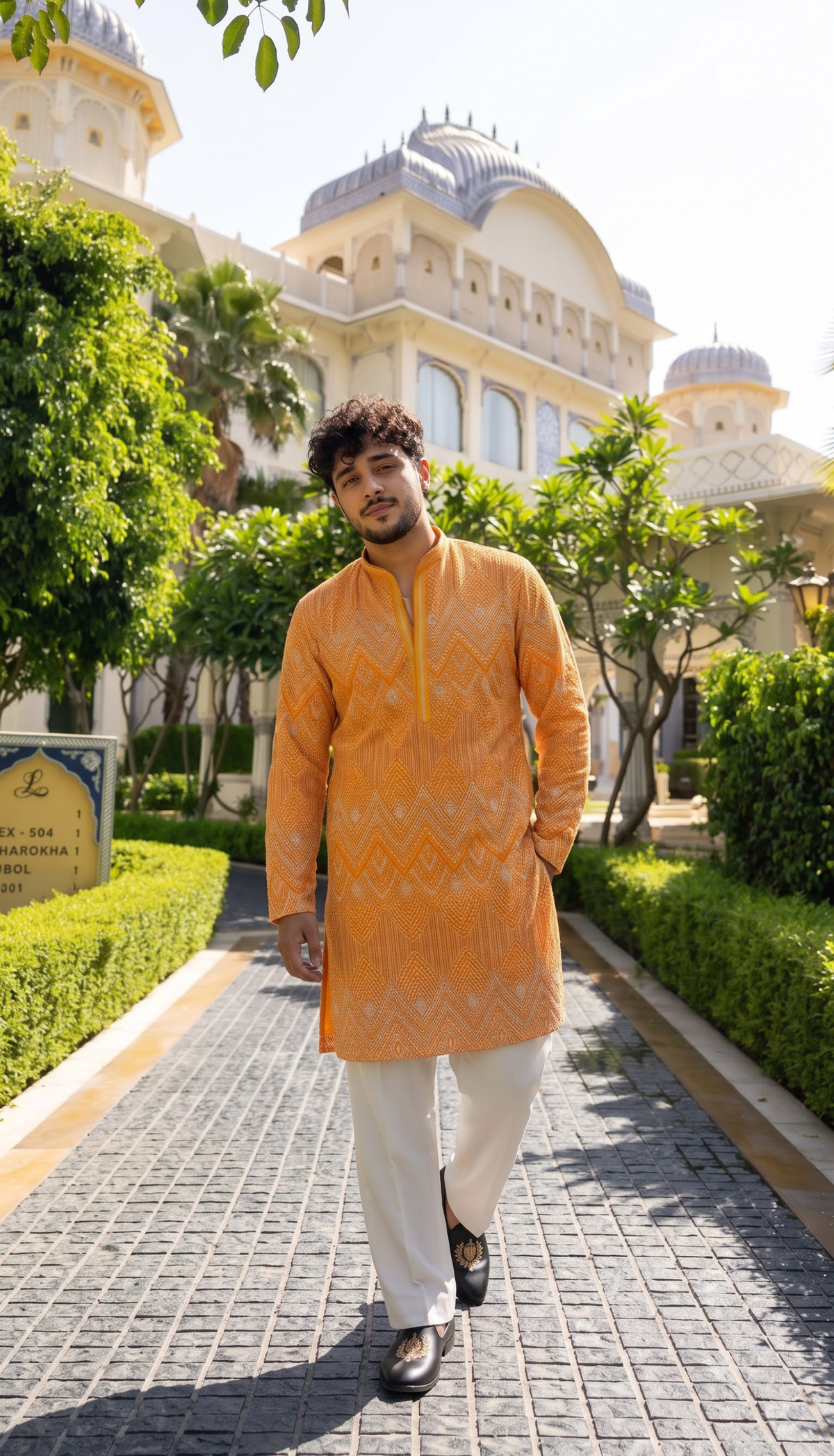 Orange Chevron Embroidered Kurta
