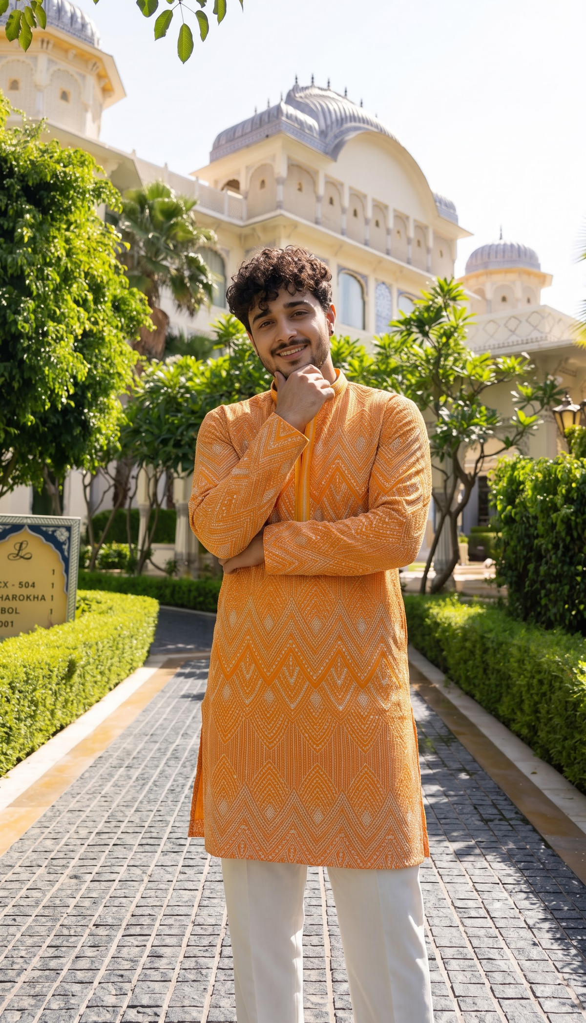 Orange Chevron Embroidered Kurta