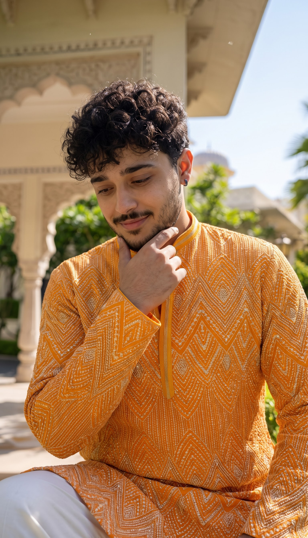 Orange Chevron Embroidered Kurta