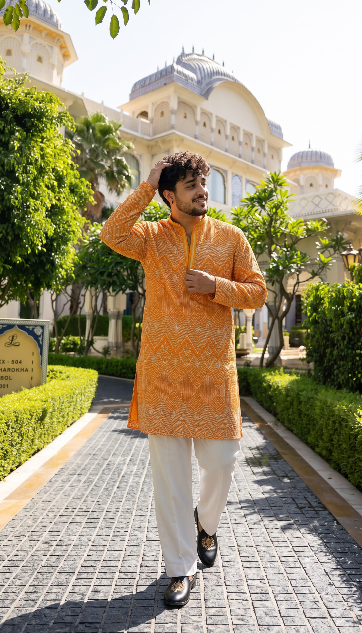 Orange Chevron Embroidered Kurta