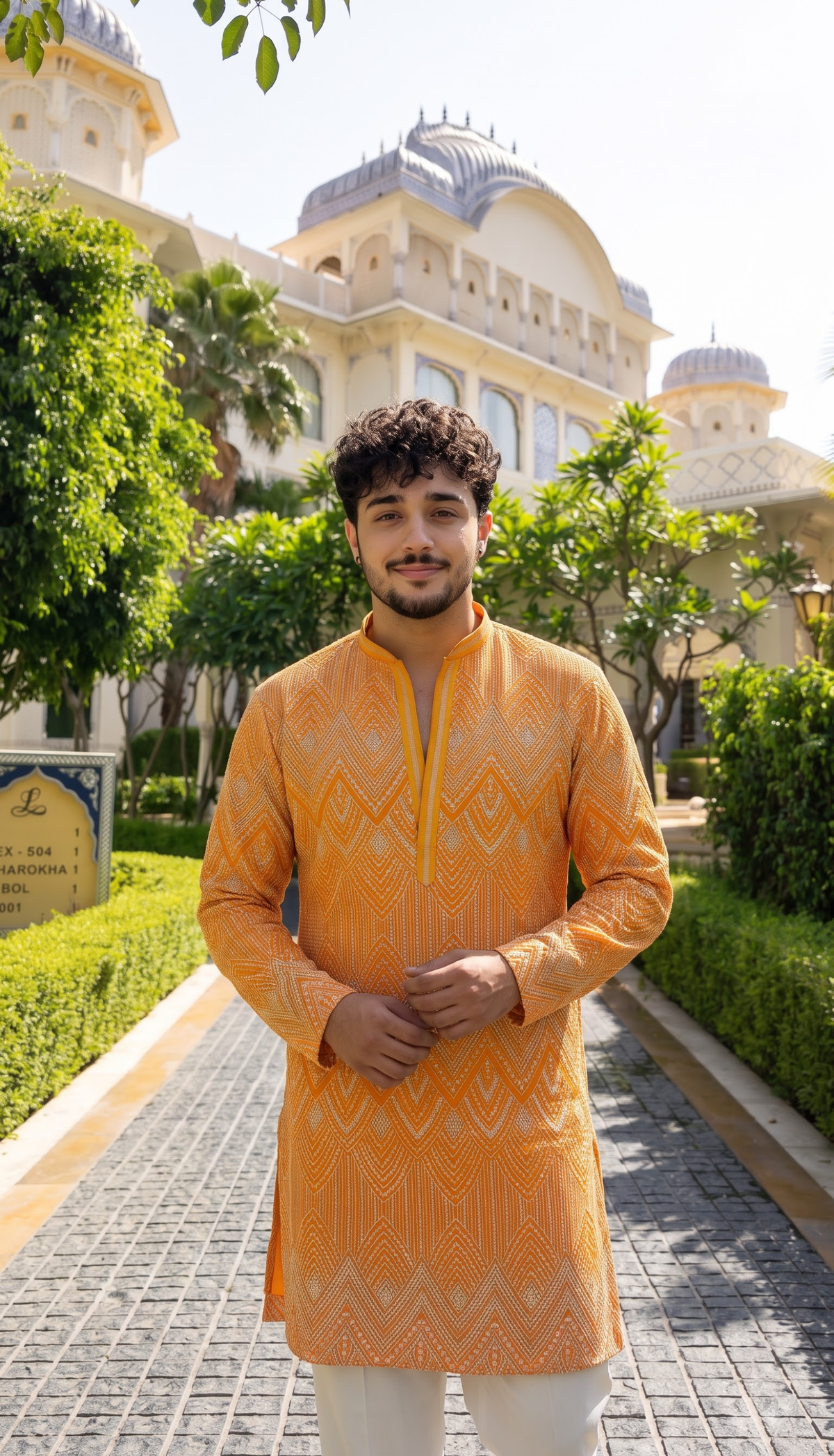 Orange Chevron Embroidered Kurta
