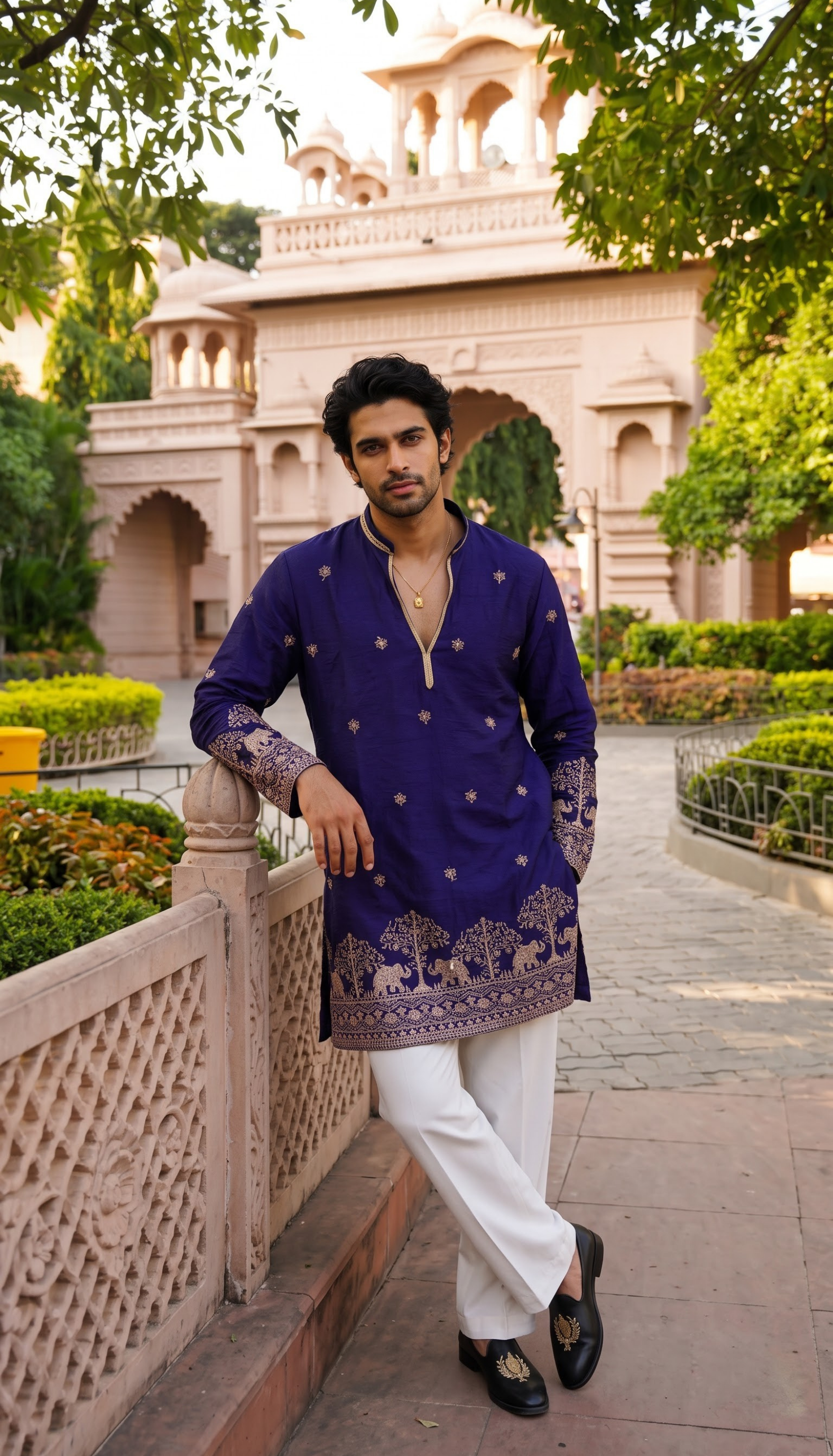 Navy Blue Elephant Border Kurta
