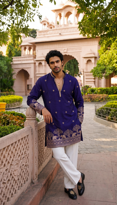 Navy Blue Elephant Border Kurta