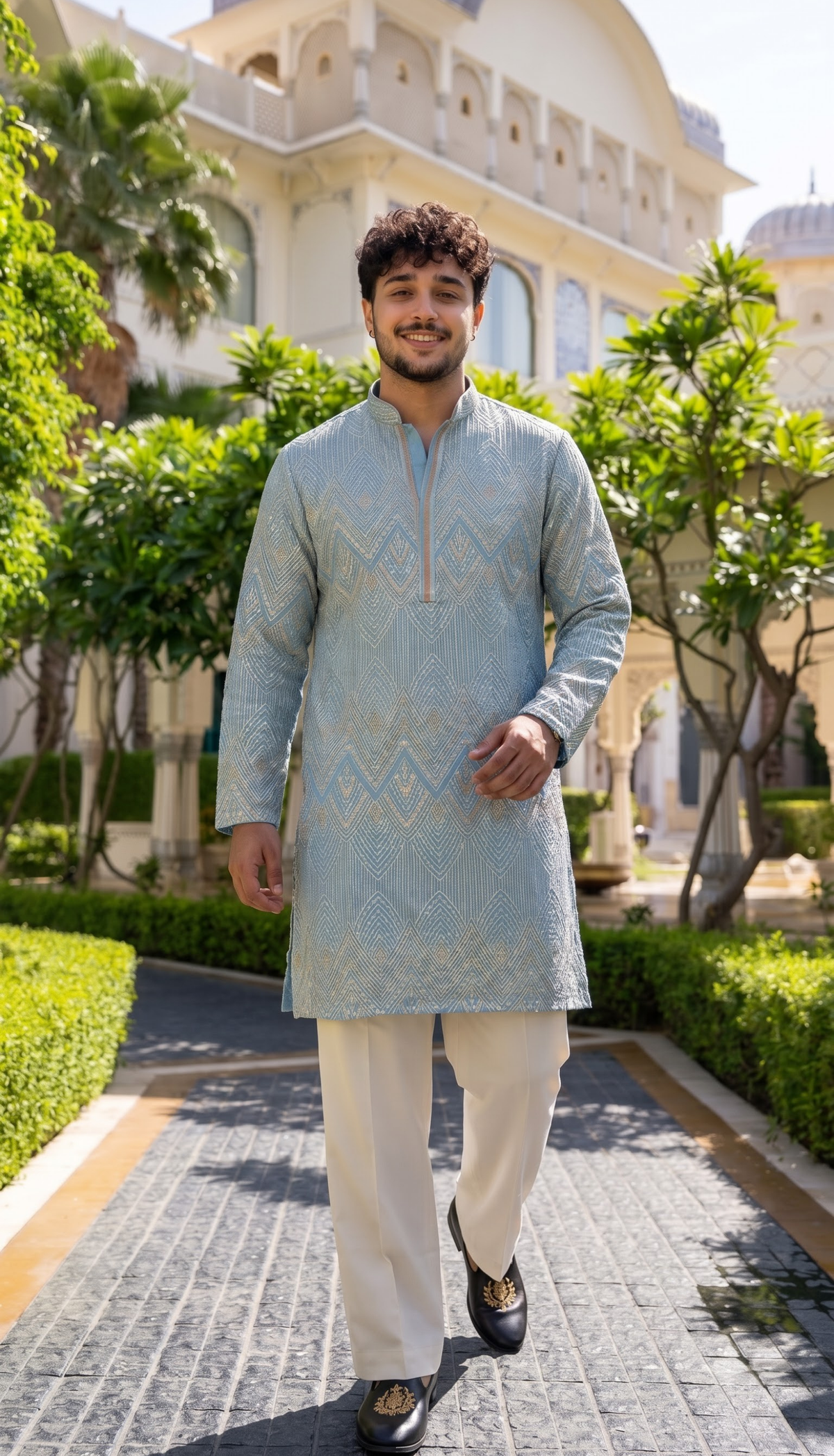 Sky Blue Chevron Embroidered Kurta