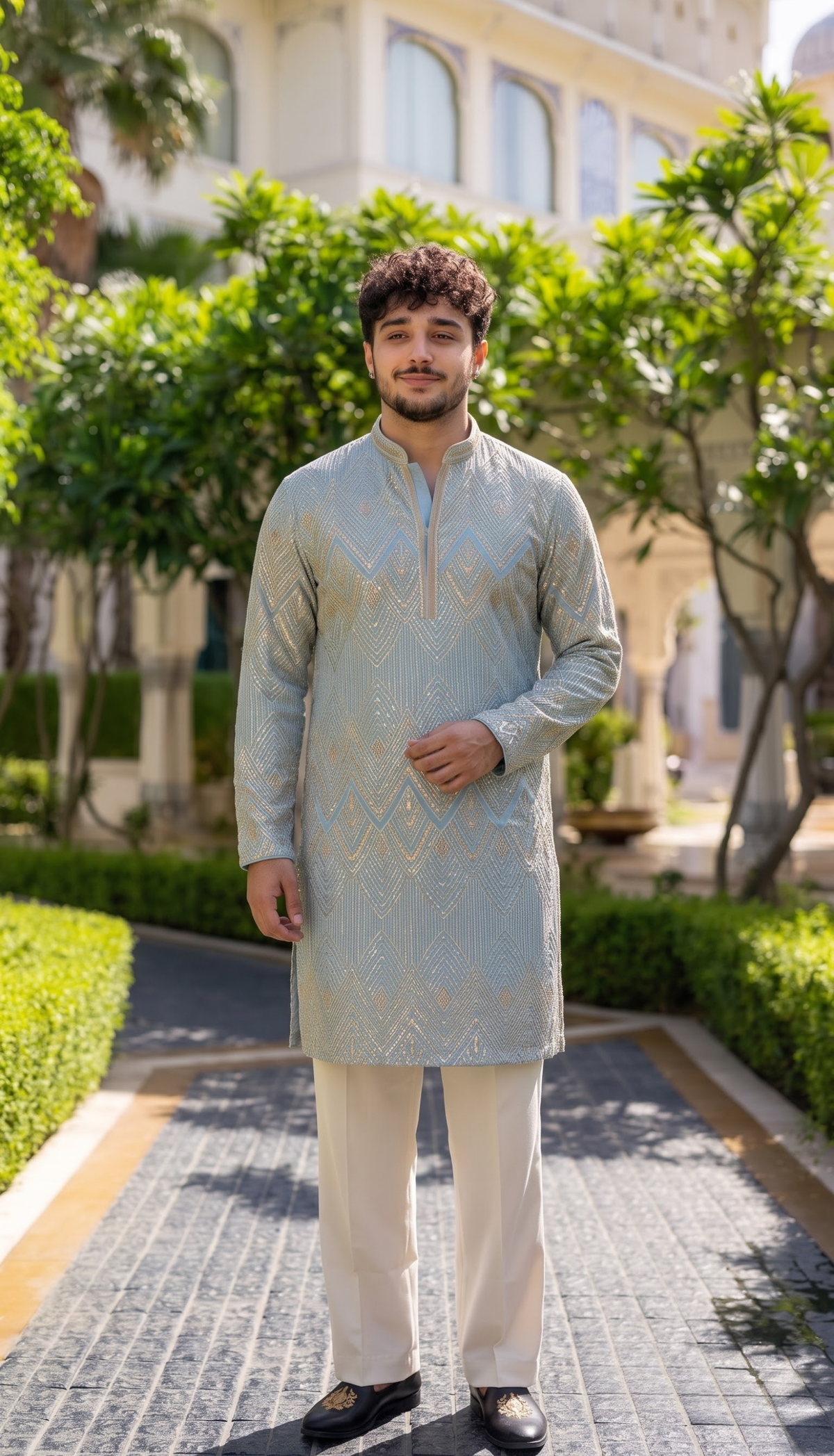 Sky Blue Chevron Embroidered Kurta