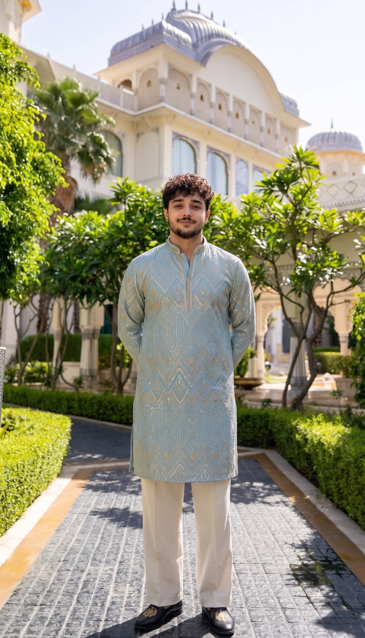 Sky Blue Chevron Embroidered Kurta