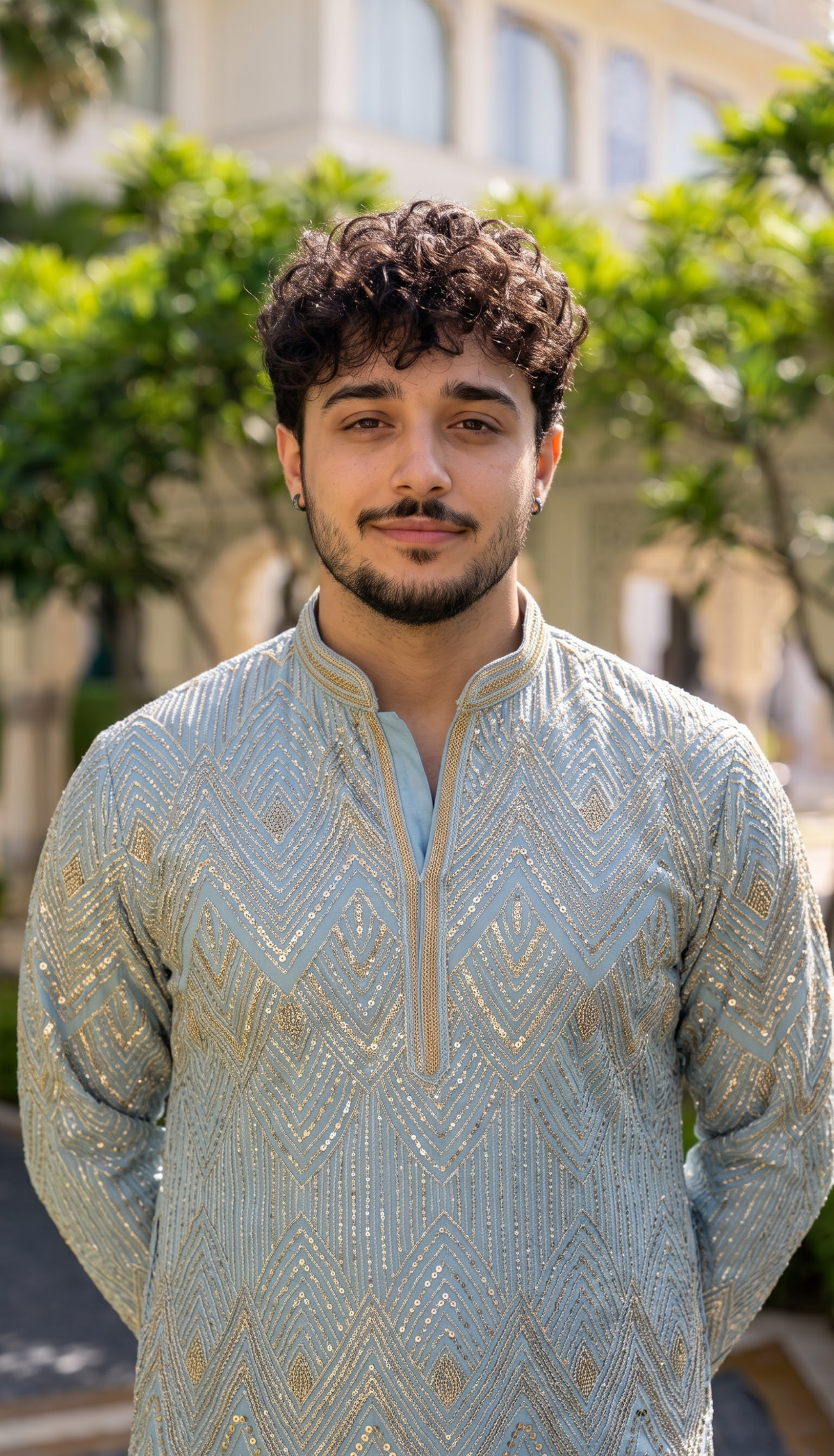 Sky Blue Chevron Embroidered Kurta