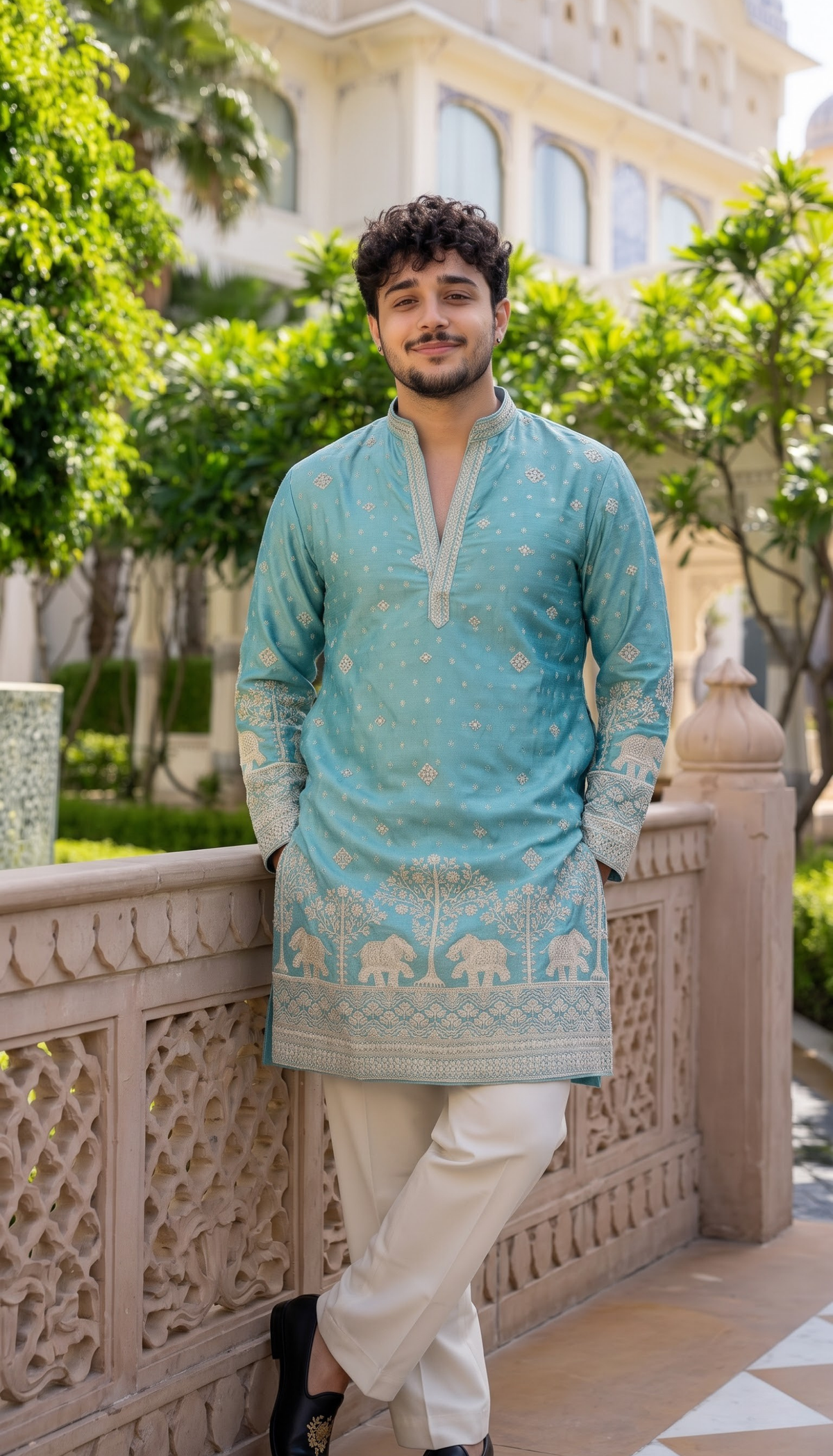Sky Blue Elephant Embroidered Kurta