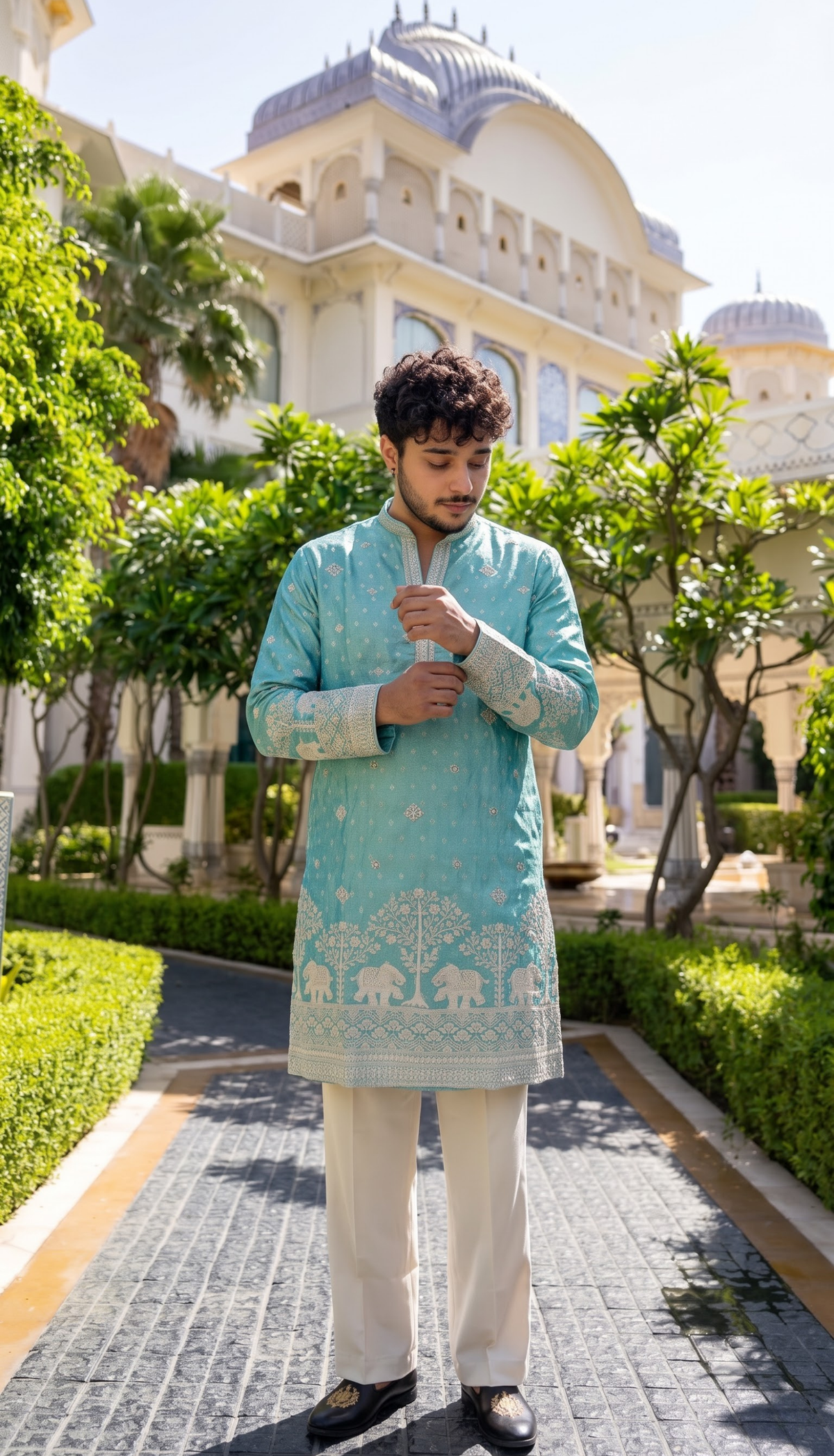 Sky Blue Elephant Embroidered Kurta