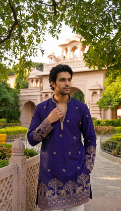 Navy Blue Elephant Border Kurta