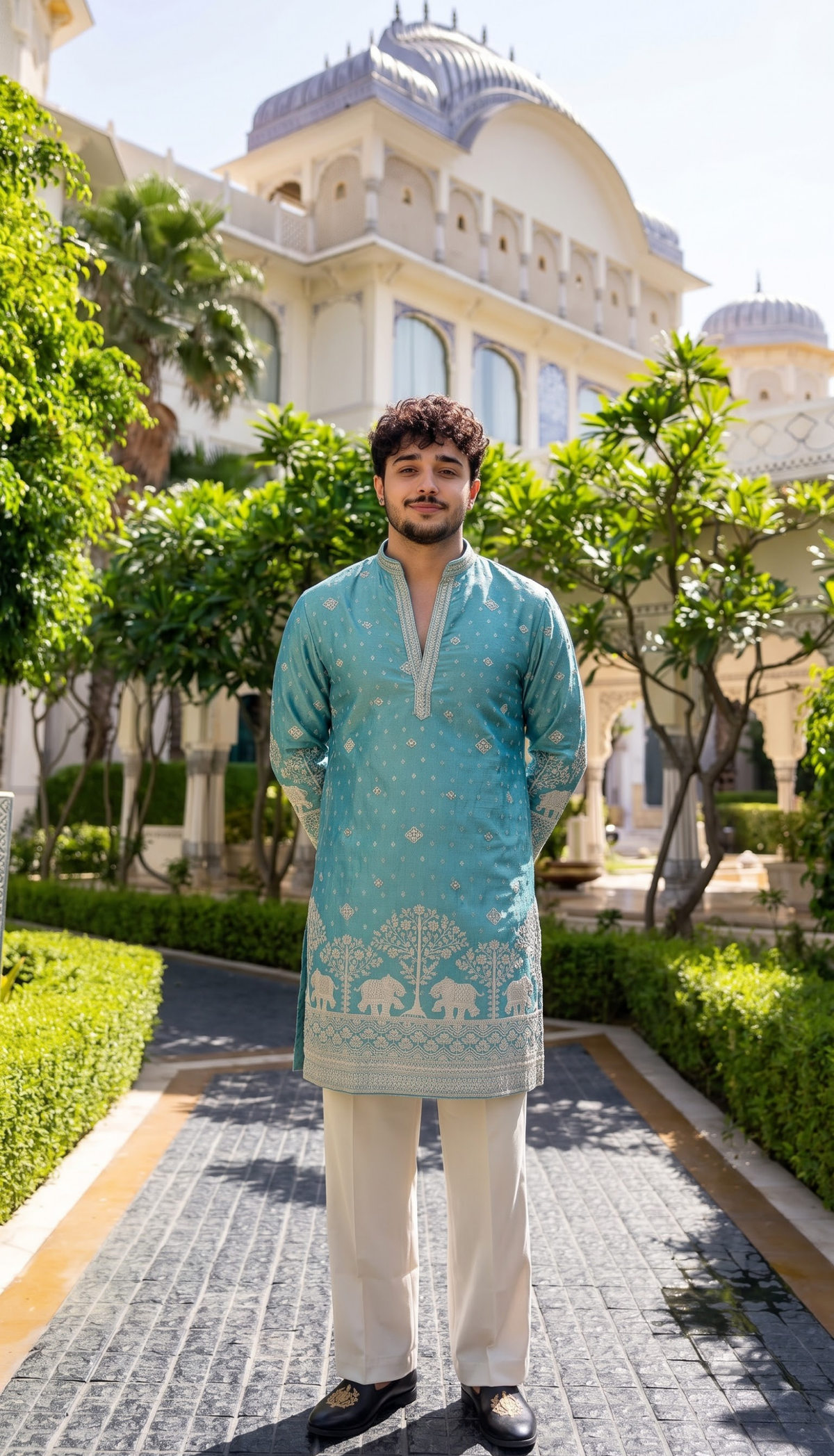 Sky Blue Elephant Embroidered Kurta