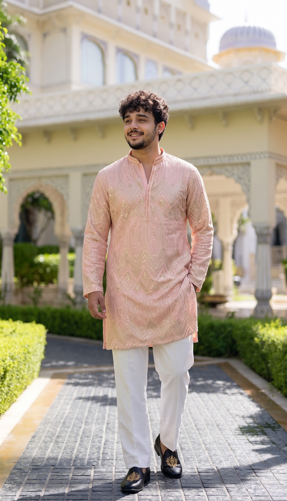 Blush Pink Chevron Embroidered Kurta