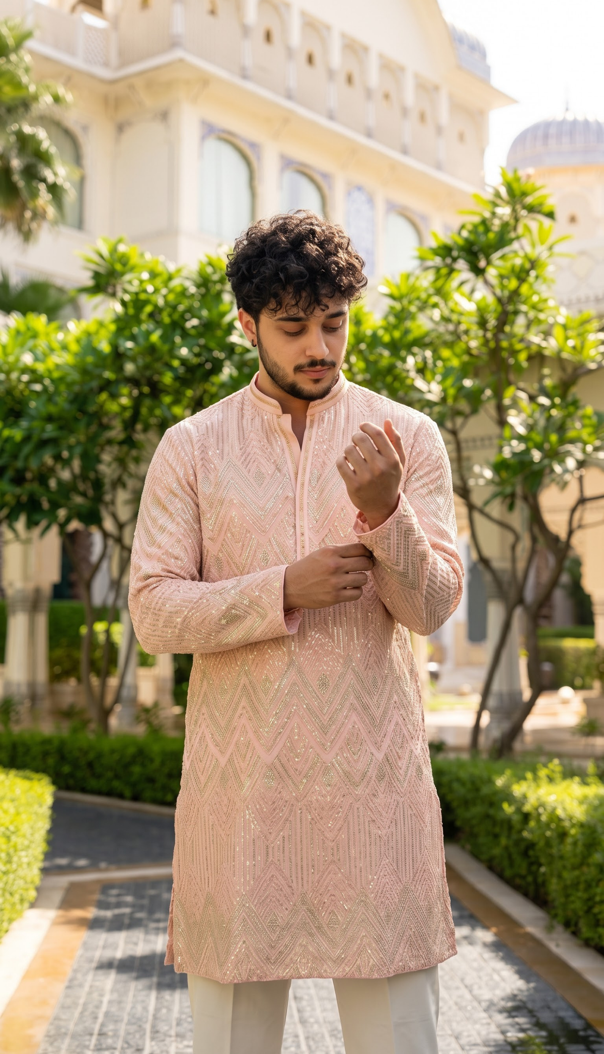 Blush Pink Chevron Embroidered Kurta