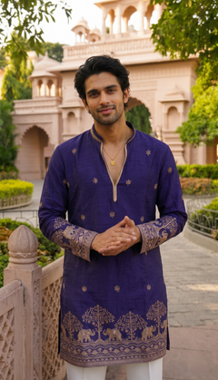 Navy Blue Elephant Border Kurta