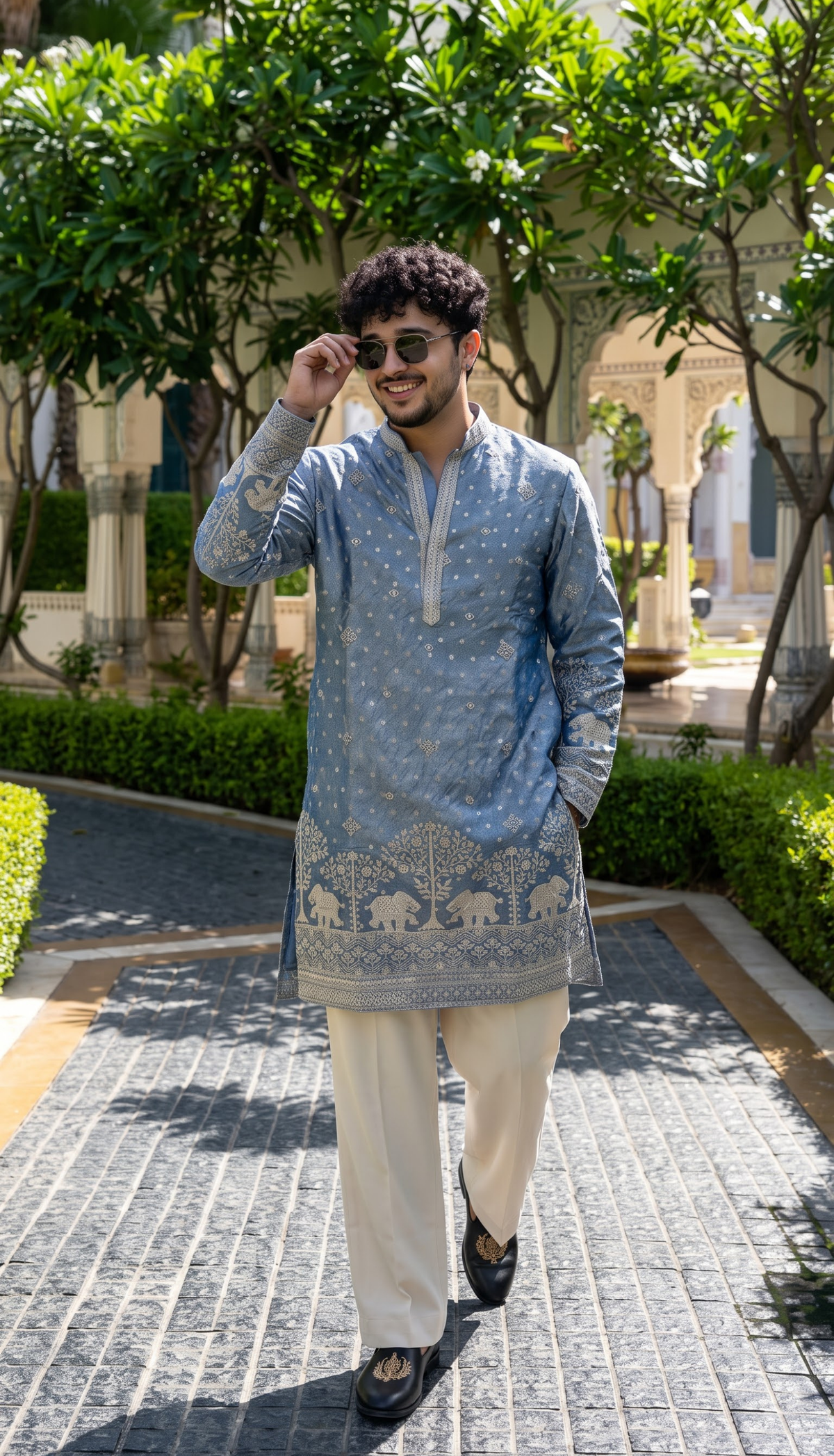 Powder Blue Elephant Embroidered Kurta