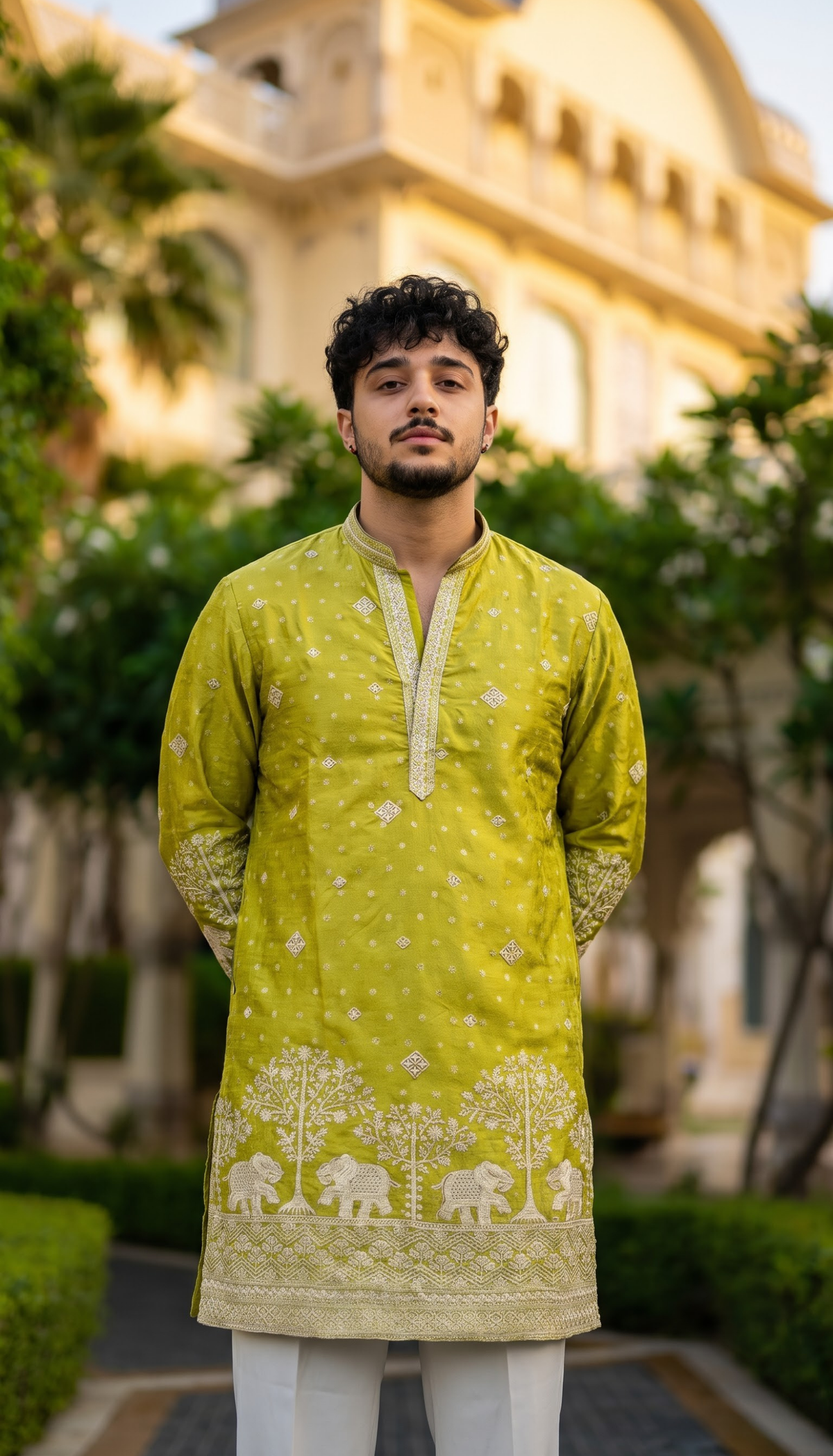 Lime Green Elephant Embroidered Kurta