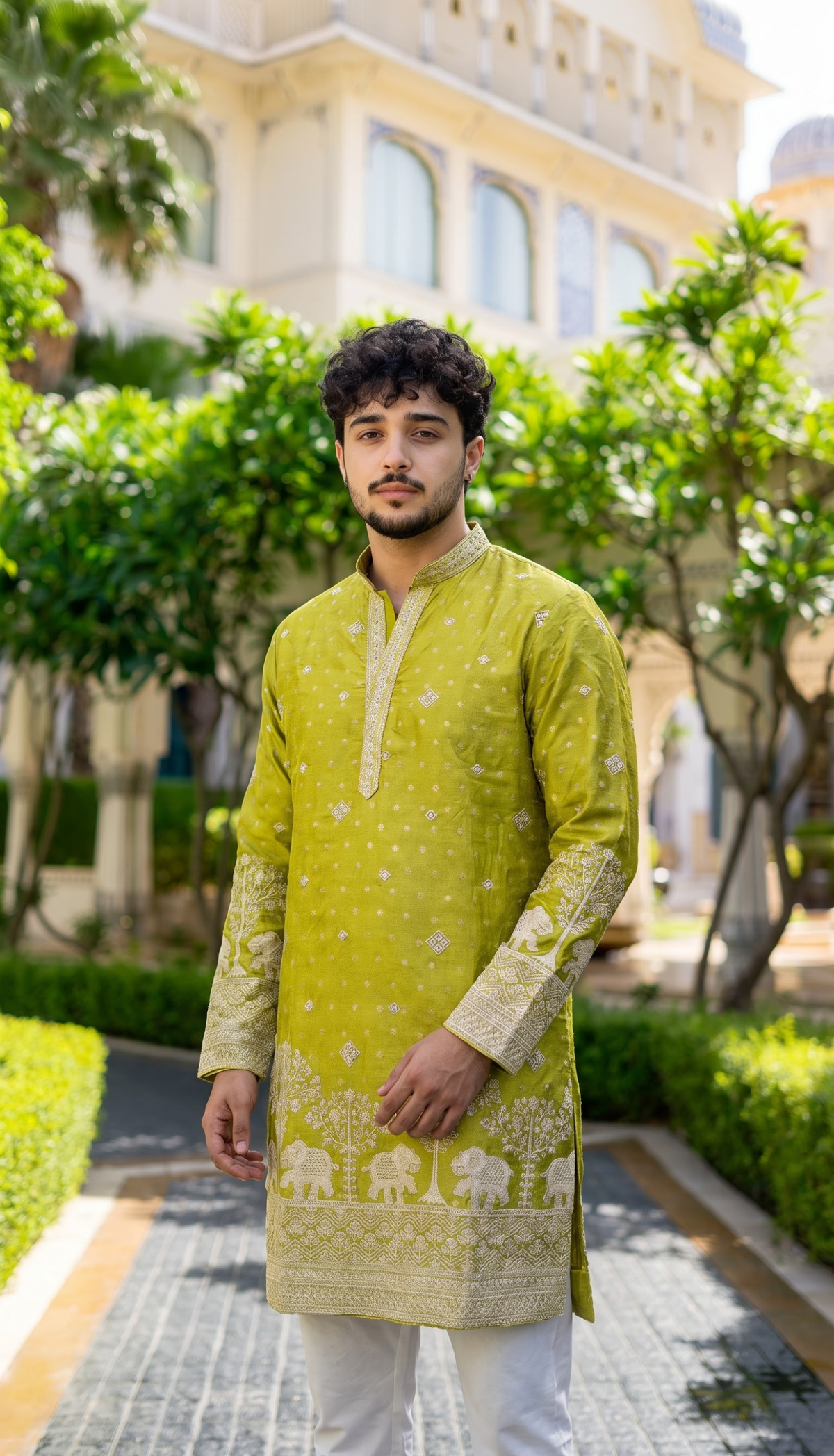 Lime Green Elephant Embroidered Kurta