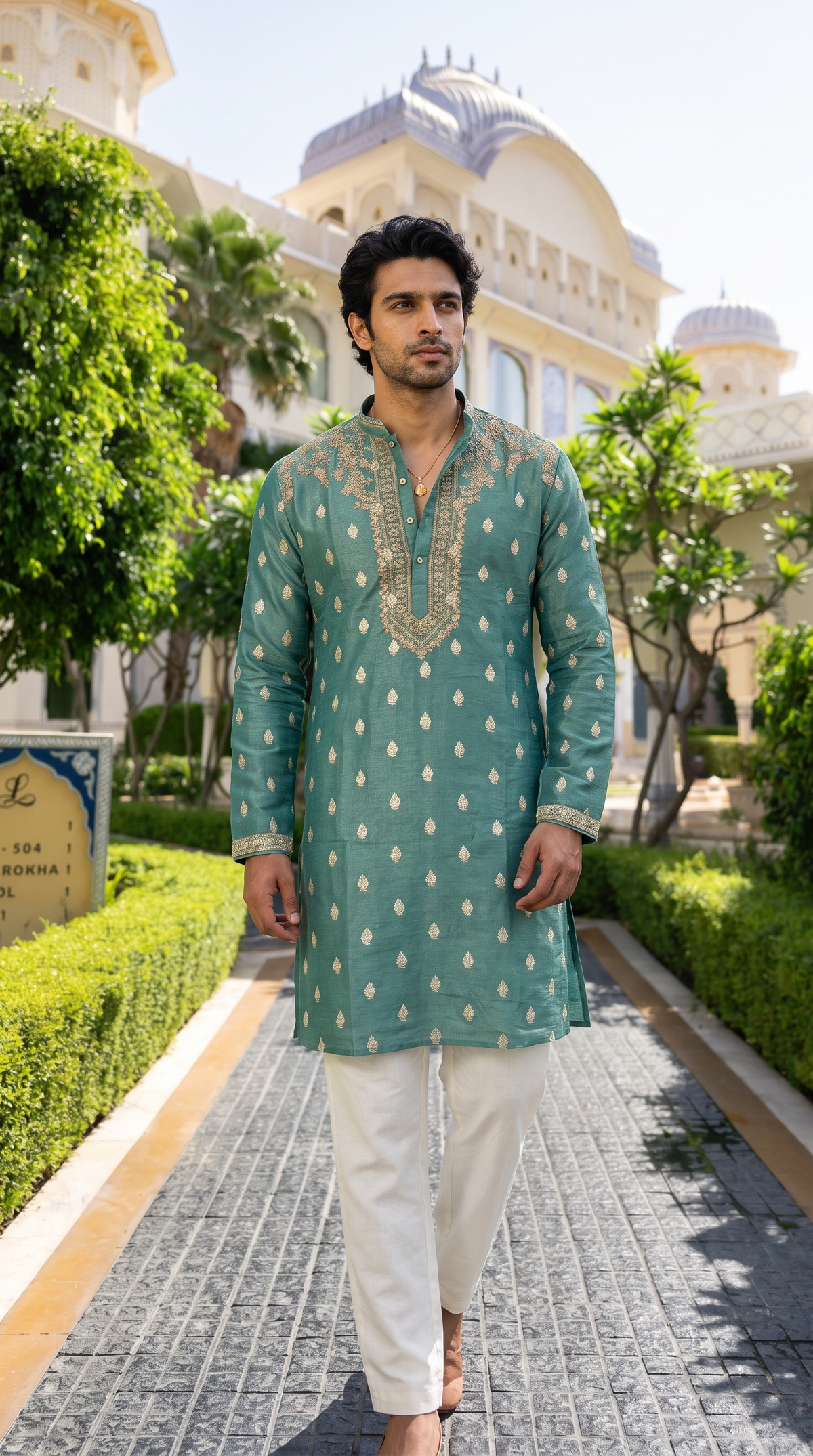 Sage Green Zari Buti Embroidered Kurta