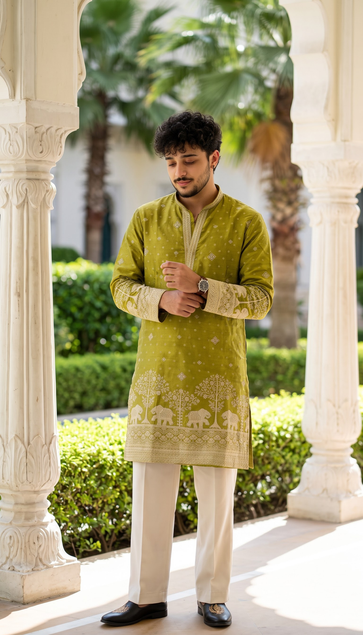 Lime Green Elephant Embroidered Kurta