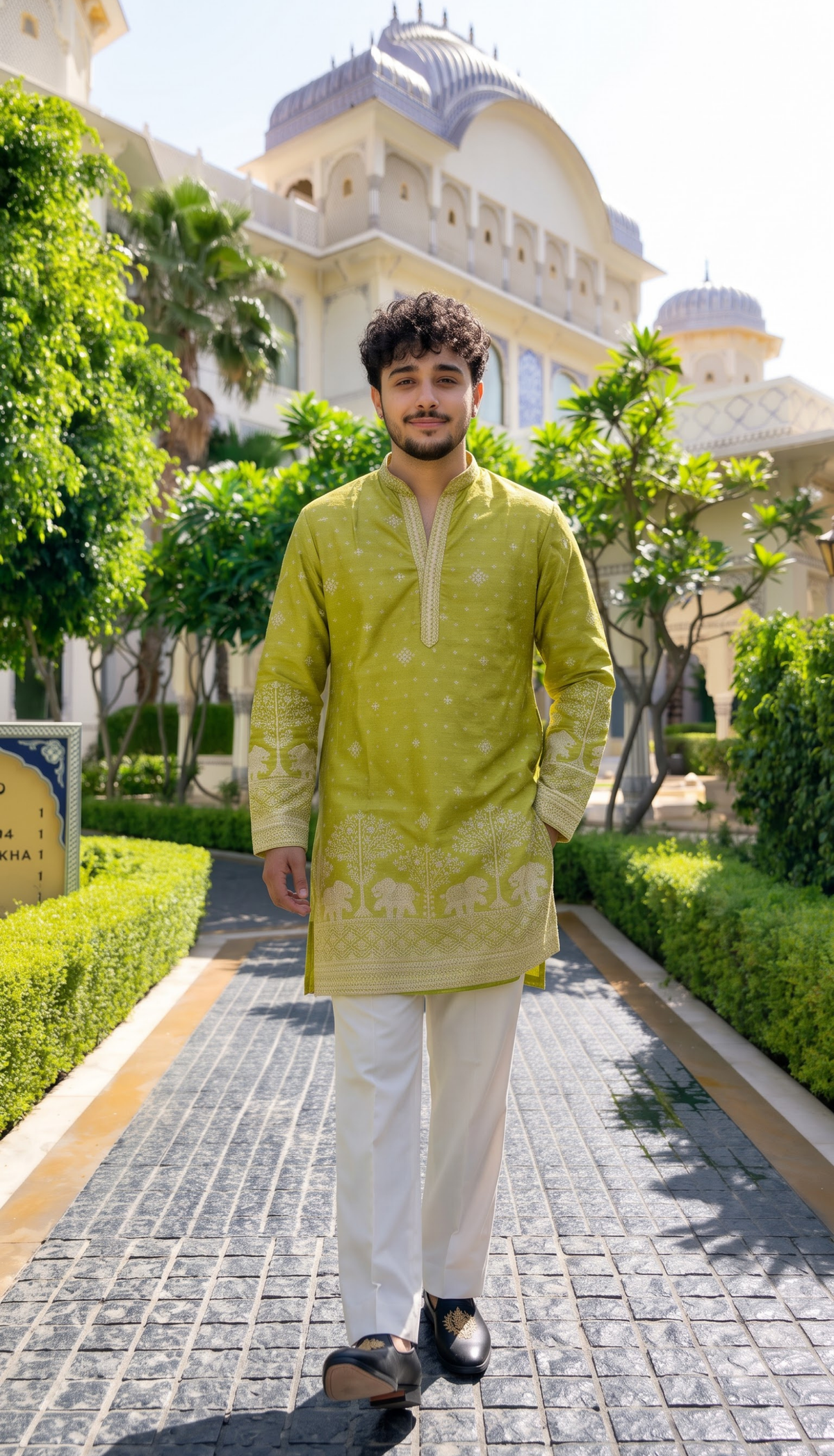 Lime Green Elephant Embroidered Kurta