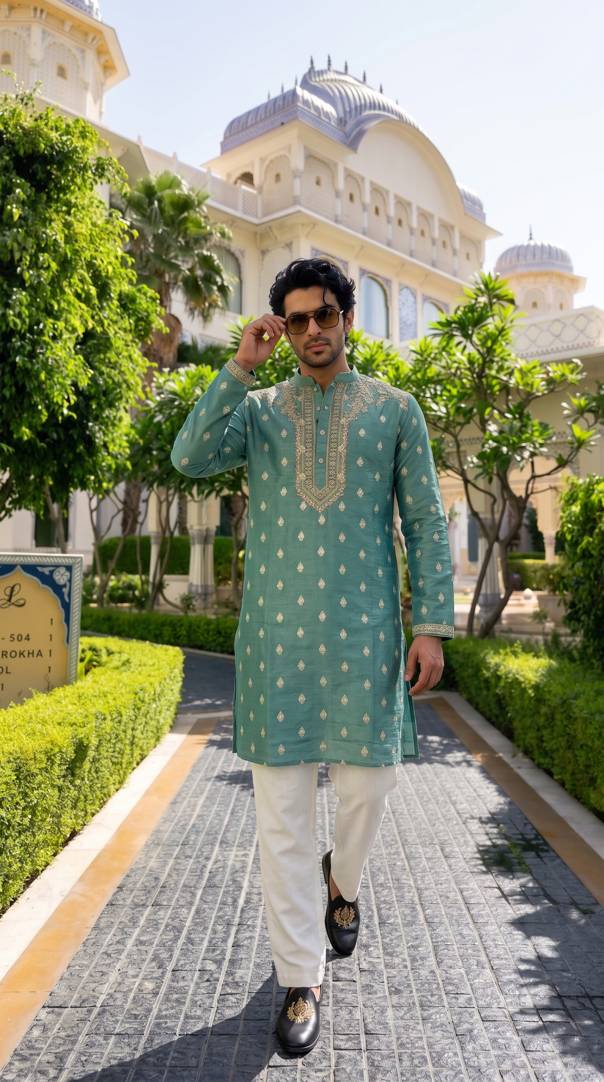 Sage Green Zari Buti Embroidered Kurta
