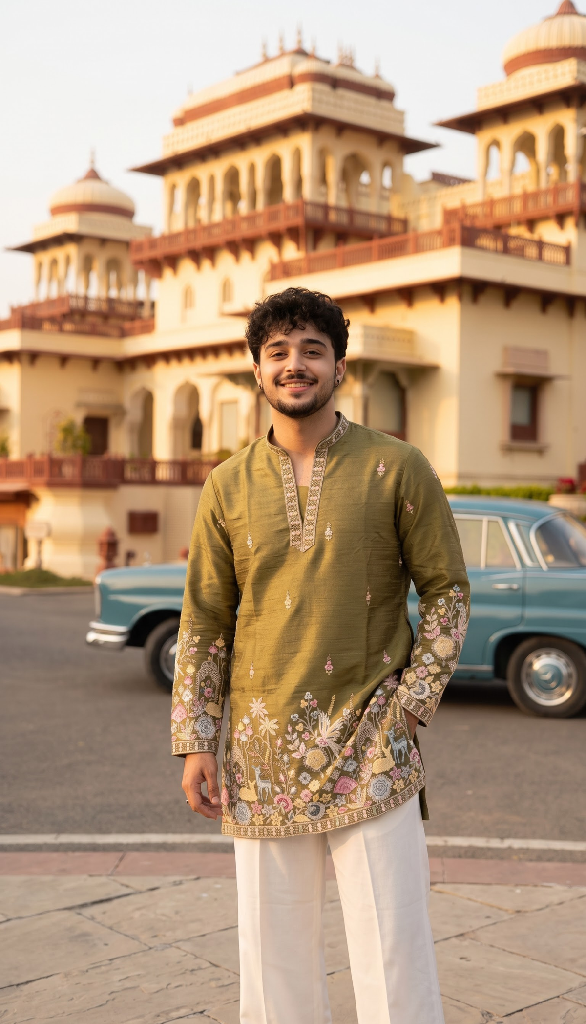 Olive Green Floral Kurta
