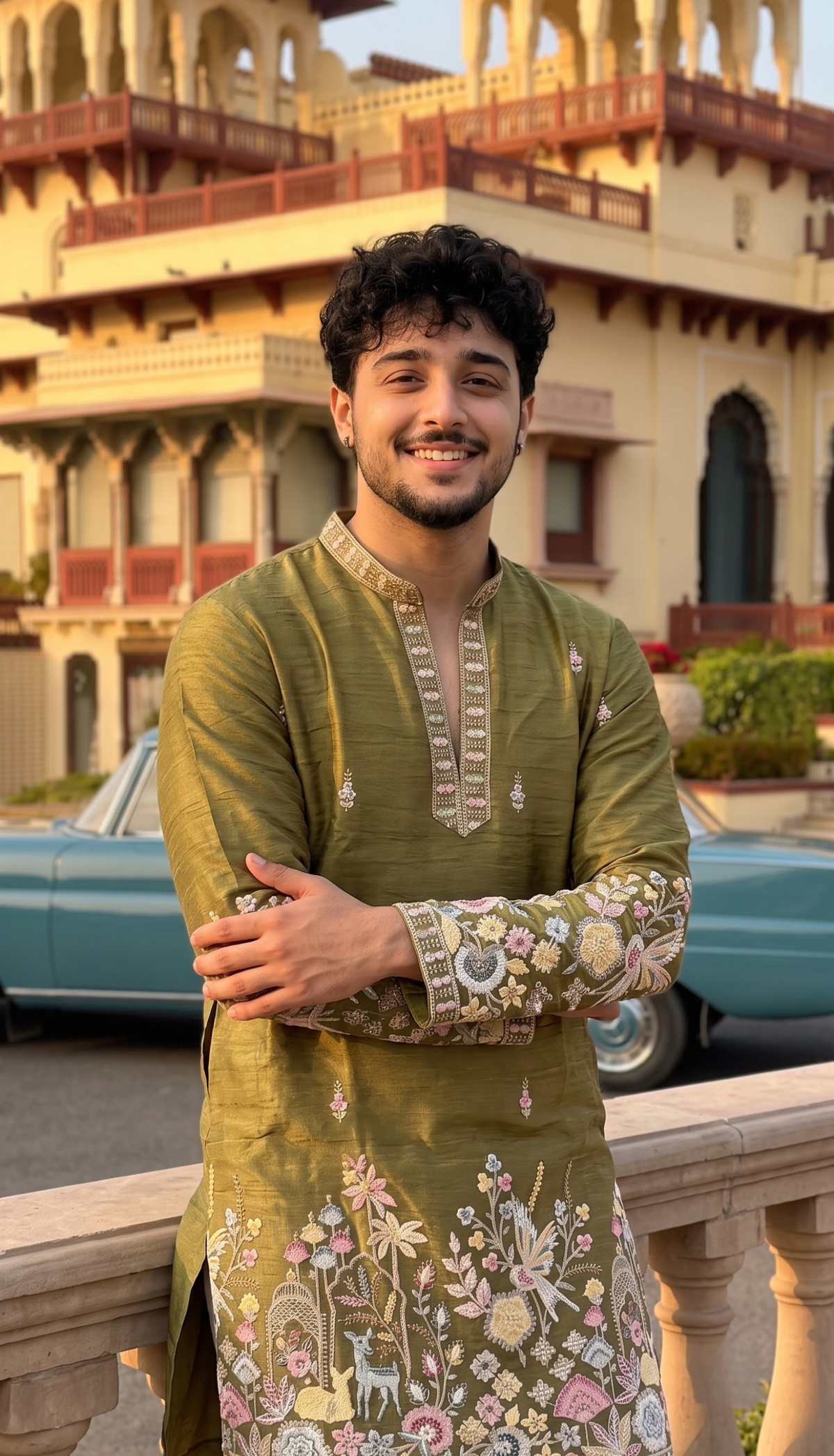 Olive Green Floral Kurta