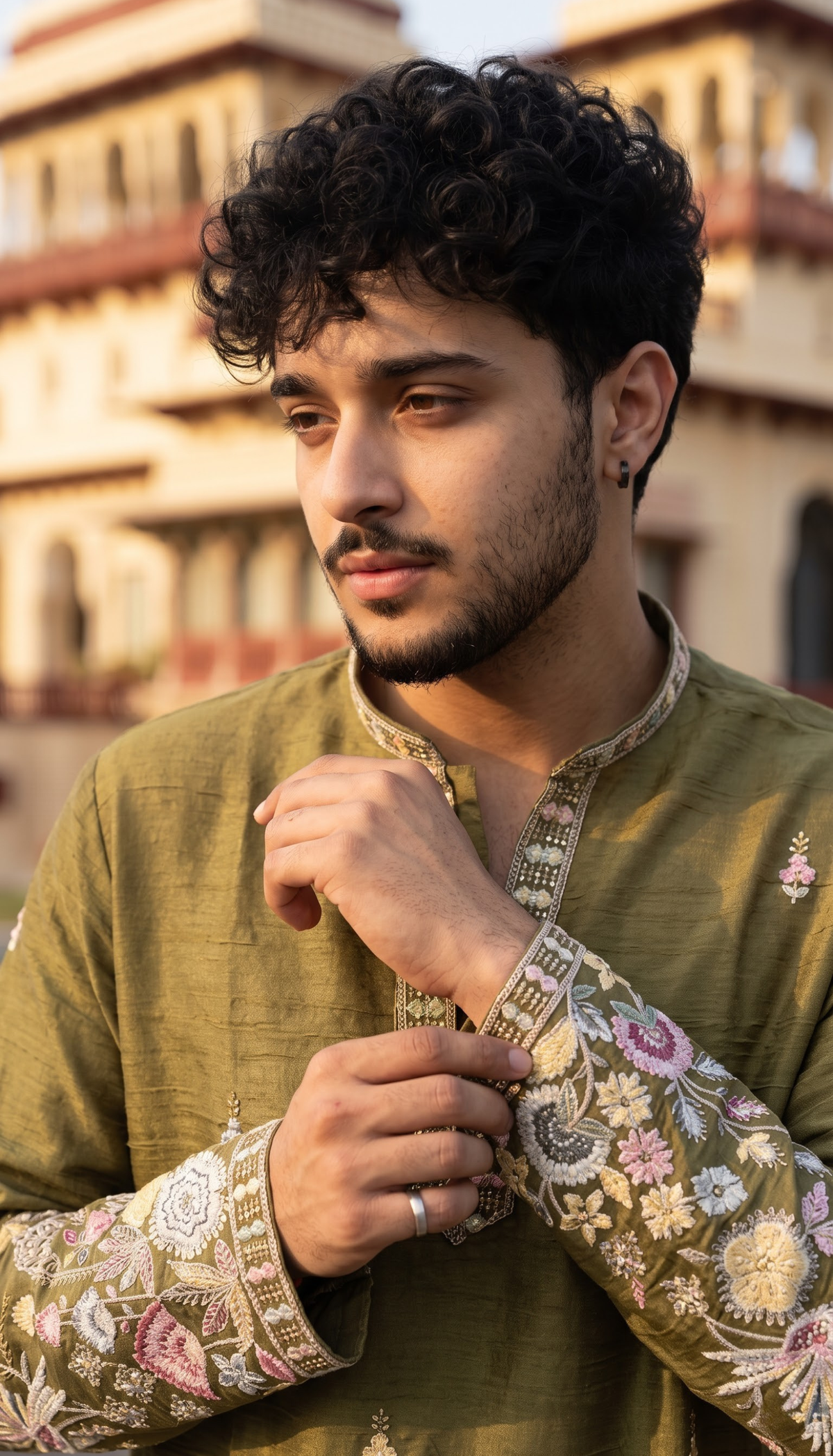 Olive Green Floral Kurta