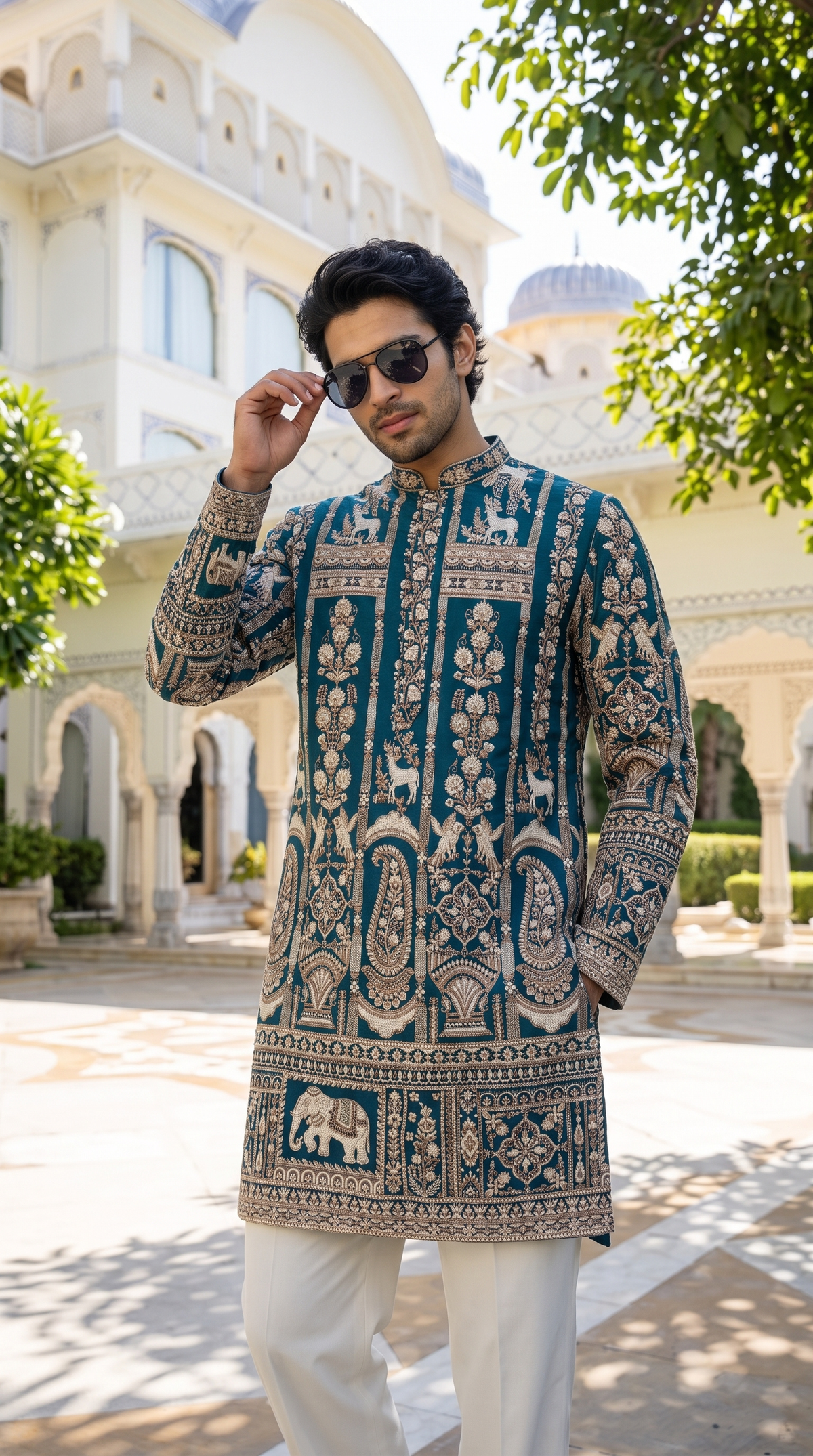 Royal Teal Heritage Elephant Embroidered Kurta