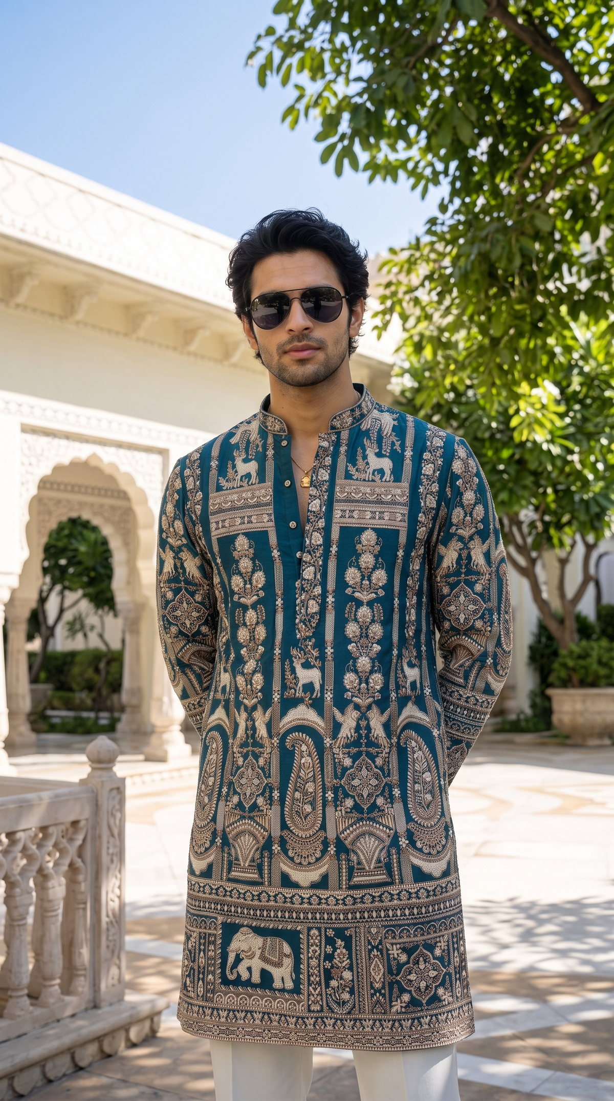 Royal Teal Heritage Elephant Embroidered Kurta