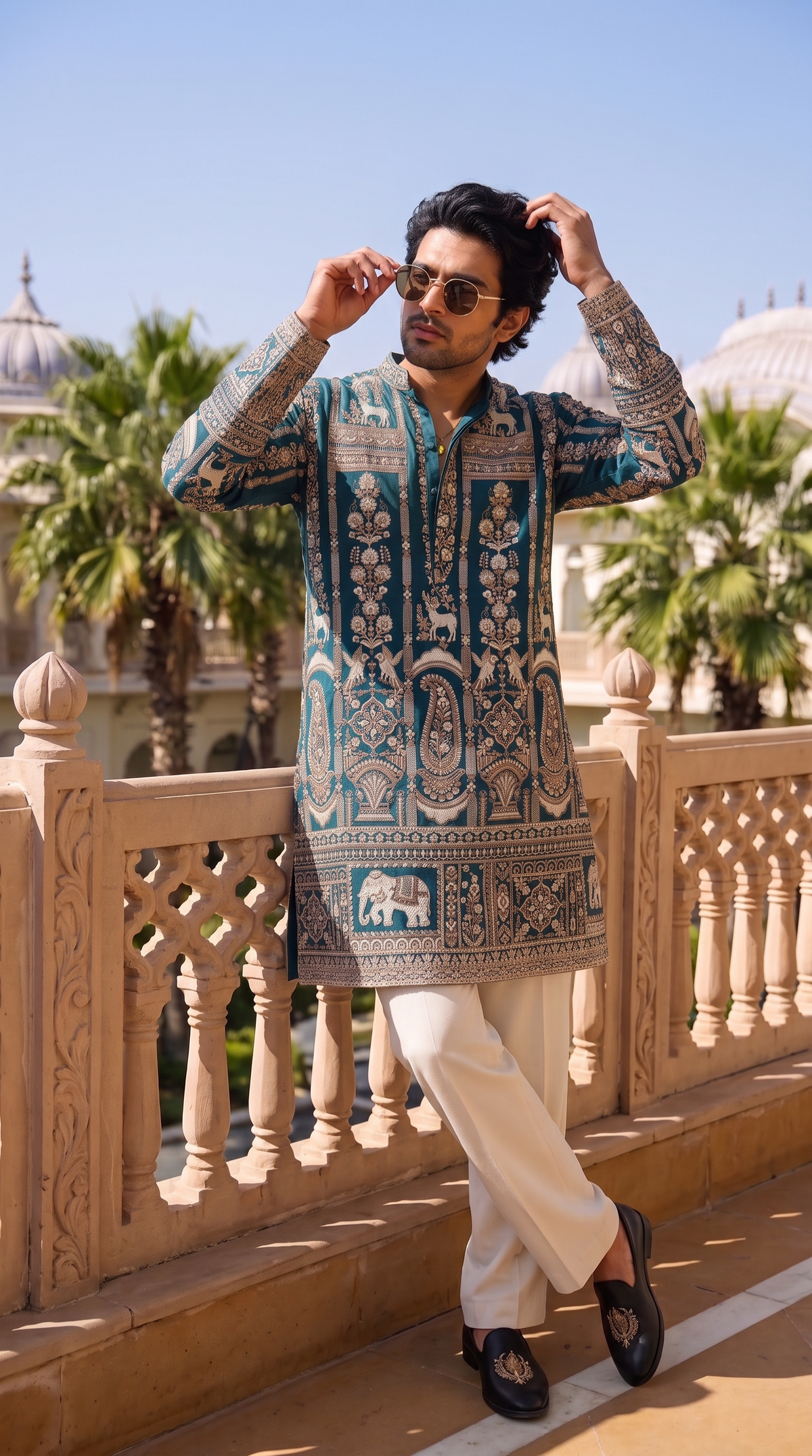 Royal Teal Heritage Elephant Embroidered Kurta