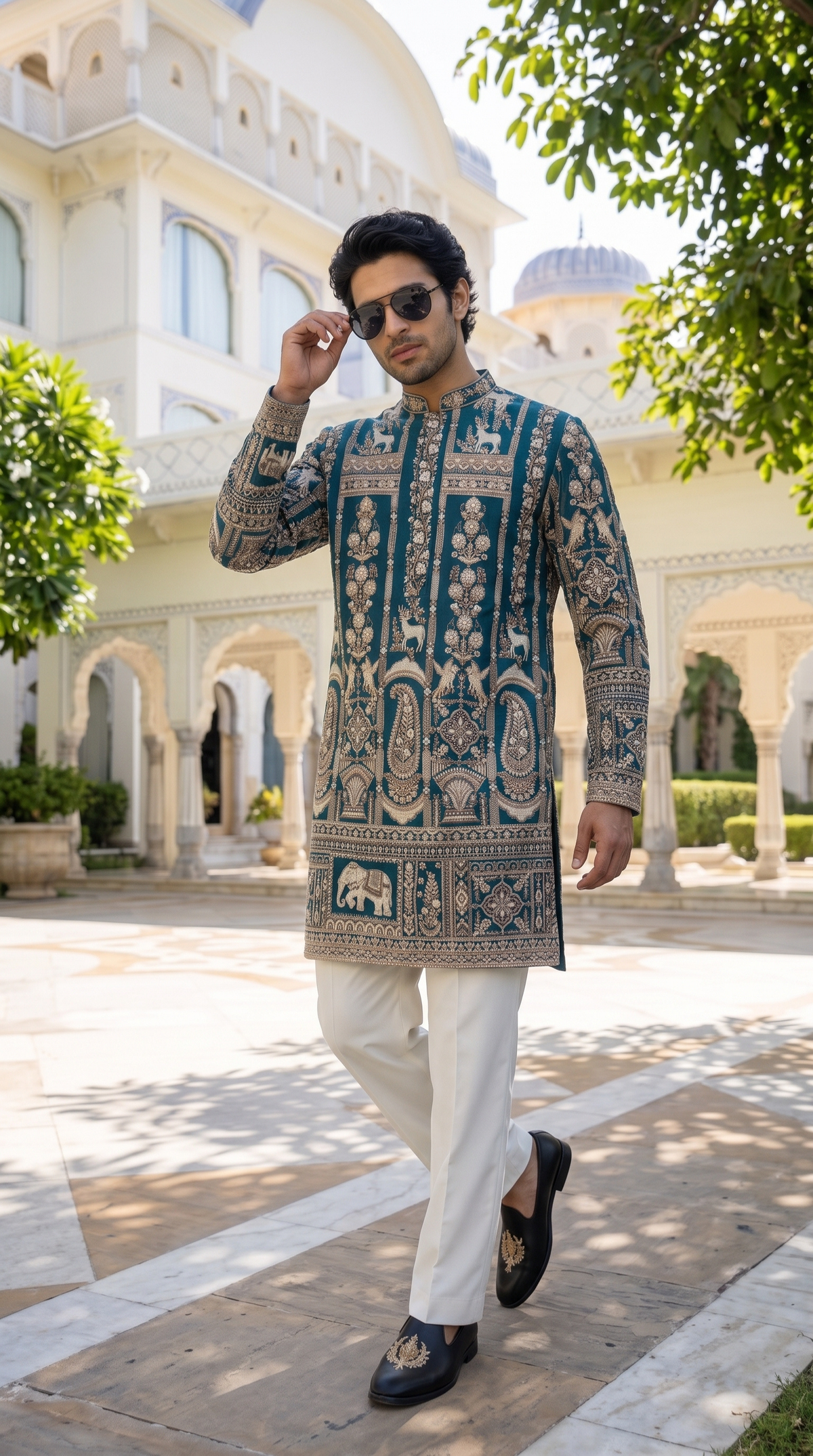 Royal Teal Heritage Elephant Embroidered Kurta