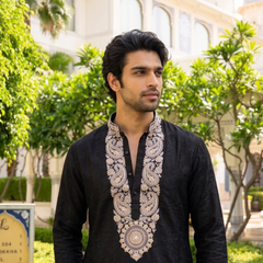 Midnight Black Embroidered Designer Kurta
