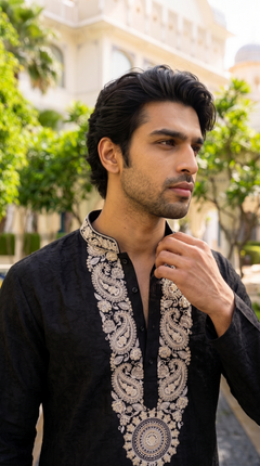 Midnight Black Embroidered Designer Kurta